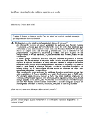 Identifica e interpreta ahora las metáforas presentes en el escrito. 
____________________________________________________________________________ 
____________________________________________________________________________ 
____________________________________________________________________________ 
Practica 2: Analiza el siguiente escrito. Para ello aplica por tu propia cuenta la estrategia 
que se plantea en la lección anterior. 
121 
Elabora una síntesis de lo leído. 
____________________________________________________________________________ 
____________________________________________________________________________ 
____________________________________________________________________________ 
¿De dónde provienen las palabras del vocabulario de nuestra lengua? 
Es interesante conocer de dónde proceden las palabras que forman nuestro 
vocabulario. ¿Sabías que aproximadamente ocho de cada diez palabras que 
utilizamos en una conversación común son solo de origen latino? Por ejemplo, 
tienen en origen todos los artículos y pronombres, casi la totalidad de las 
preposiciones, conjunciones, adverbios y verbos, una gran mayoría de las 
interjecciones y de los adjetivos, y probablemente tres cuartas partes de los 
sustantivos. 
El idioma griego también ha aportado una gran cantidad de palabras a nuestro 
lenguaje, por lo que ocupa el segundo lugar. Incluso muchas palabras griegas 
llagaron a nuestro vocabulario a través del latín, debido al influjo de la cultura 
griega sobre la romana. Algunos ejemplos son las palabras: escuela, casa, gramo, 
palabra, carta, iglesia y máquina. También contamos con miles de palabras de 
origen griego en la terminología técnica moderna, algunas de ellas son: 
homologa, fotostática y matemáticas. 
Otra contribución importante son las palabras de origen americano que ya han 
sido aceptadas en la lengua española y se usan donde quiera que se habla esta. 
Por ejemplo: coco, tiburón, huracán y hule. Hay otras palabras originadas en 
culturas prehispánicas; algunas son: chamaco, atole, aguacate, mole, nene, tamal, 
tocayo, popote, cuate, canica, etc. Finalmente, cabe mencionar otros idiomas que 
también han hecho contribuciones importantes a nuestro lenguaje aunque en 
menor grado, ellos son el francés, el italiano, el inglés, el alemán y el árabe. 
¿Qué se concluye acerca del origen del vocabulario español? 
____________________________________________________________________________ 
____________________________________________________________________________ 
____________________________________________________________________________ 
¿Cuáles son las lenguas que se mencionan en el escrito como originarias de palabras en 
nuestra lengua? 
____________________________________________________________________________ 
 
