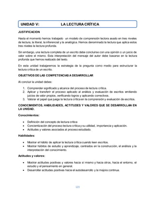 UNIDAD V: LA LECTURA CRÍTICA 
123 
JUSTIFICACION 
Hasta el momento hemos trabajado un modelo de comprensión lectora asado en tres niveles 
de lectura, la literal, la inferencial y la analógica. Hemos denominado la lectura que aplica estos 
tres niveles la lectura profunda. 
Sin embargo, una lectura completa de un escrito debe concluirse con una opinión o un juicio de 
valor sobre el mismo. Esta interpretación del mensaje del autor debe basarse en la lectura 
profunda que hemos realizado del texto. 
En esta unidad trabajaremos la estrategia de la pregunta como medio para estructurar la 
lectura crítica de un escrito. 
OBJETIVOS DE LAS COMPETENCIAS A DESARROLLAR 
Al concluir la unidad debes: 
1. Comprender significado y alcance del proceso de lectura crítica. 
2. Aplicar y transferir el proceso aplicado al análisis y evaluación de escritos emitiendo 
juicios de valor propios, verificando logros y aplicando correctivos. 
3. Valorar el papel que juega la lectura crítica en la comprensión y evaluación de escritos. 
CONOCIMIENTOS, HABILIDADES, ACTITUDES Y VALORES QUE SE DESARROLLAN EN 
LA UNIDAD. 
Conocimientos: 
 Definición del concepto de lectura critica 
 Concientización del proceso lectura crítica y su utilidad, importancia y aplicación. 
 Actitudes y valores asociados al proceso estudiado. 
Habilidades: 
 Mostrar el hábito de aplicar la lectura crítica cuando leen escritos. 
 Mostrar hábitos de estudio y aprendizaje, centrados en la construcción, el análisis y la 
interpretación del conocimiento. 
Actitudes y valores: 
 Mostrar actitudes positivas y valores hacia sí mismo y hacia otros, hacia el entorno, el 
estudio y el pensamiento en general. 
 Desarrollar actitudes positivas hacia el autodesarrollo y la mejora continua. 
 