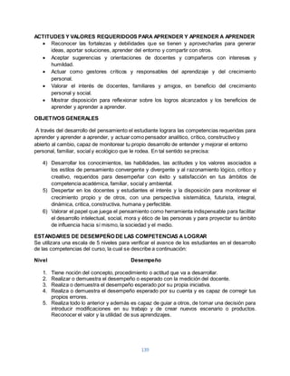 ACTITUDES Y VALORES REQUERIDOOS PARA APRENDER Y APRENDER A APRENDER 
 Reconocer las fortalezas y debilidades que se tienen y aprovecharlas para generar 
ideas, aportar soluciones, aprender del entorno y compartir con otros. 
 Aceptar sugerencias y orientaciones de docentes y compañeros con intereses y 
139 
humildad. 
 Actuar como gestores críticos y responsables del aprendizaje y del crecimiento 
personal. 
 Valorar el interés de docentes, familiares y amigos, en beneficio del crecimiento 
personal y social. 
 Mostrar disposición para reflexionar sobre los logros alcanzados y los beneficios de 
aprender y aprender a aprender. 
OBJETIVOS GENERALES 
A través del desarrollo del pensamiento el estudiante lograra las competencias requeridas para 
aprender y aprender a aprender, y actuar como pensador analítico, crítico, constructivo y 
abierto al cambio, capaz de monitorear tu propio desarrollo de entender y mejorar el entorno 
personal, familiar, social y ecológico que le rodea. En tal sentido se precisa: 
4) Desarrollar los conocimientos, las habilidades, las actitudes y los valores asociados a 
los estilos de pensamiento convergente y divergente y al razonamiento lógico, critico y 
creativo, requeridos para desempeñar con éxito y satisfacción en tus ámbitos de 
competencia académica, familiar, social y ambiental. 
5) Despertar en los docentes y estudiantes el interés y la disposición para monitorear el 
crecimiento propio y de otros, con una perspectiva sistemática, futurista, integral, 
dinámica, critica, constructiva, humana y perfectible. 
6) Valorar el papel que juega el pensamiento como herramienta indispensable para facilitar 
el desarrollo intelectual, social, mora y ético de las personas y para proyectar su ámbito 
de influencia hacia sí mismo, la sociedad y el medio. 
ESTANDARES DE DESEMPEÑO DE LAS COMPETENCIAS A LOGRAR 
Se utilizara una escala de 5 niveles para verificar el avance de los estudiantes en el desarrollo 
de las competencias del curso, la cual se describe a continuación: 
Nivel Desempeño 
1. Tiene noción del concepto, procedimiento o actitud que va a desarrollar. 
2. Realizar o demuestra el desempeño o esperado con la medición del docente. 
3. Realiza o demuestra el desempeño esperado por su propia iniciativa. 
4. Realiza o demuestra el desempeño esperado por su cuenta y es capaz de corregir tus 
propios errores. 
5. Realiza todo lo anterior y además es capaz de guiar a otros, de tomar una decisión para 
introducir modificaciones en su trabajo y de crear nuevos escenario o productos. 
Reconocer el valor y la utilidad de sus aprendizajes. 
 
