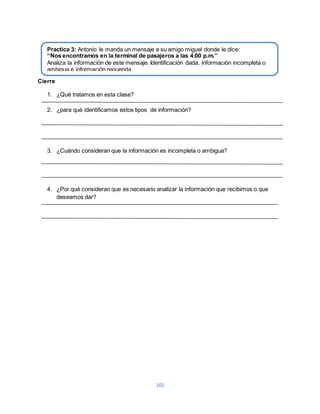 Practica 3: Antonio le manda un mensaje a su amigo miguel donde le dice: 
“Nos encontramos en la terminal de pasajeros a las 4:00 p.m.” 
Analiza la información de este mensaje. Identificación dada, información incompleta o 
ambigua e información requerida. 
165 
Cierre 
1. ¿Qué tratamos en esta clase? 
2. ¿para qué identificamos estos tipos de información? 
3. ¿Cuándo consideran que la información es incompleta o ambigua? 
4. ¿Por qué consideran que es necesario analizar la información que recibimos o que 
deseamos dar? 
 