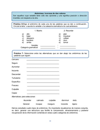 Antónimos inversos de dos valores 
Son aquellos cuya variable tiene sólo dos opciones y una significa posición o dirección 
invertida con respecto a la otra. 
Práctica 6:Elige el antónimo de cada una de las palabras que se dan a continuación. 
Circula la letra, y apunta la variable y la categoría gramatical a la cual pertenece. 
1. Muerto 
a) alto 
b) bajar 
c) despacio 
d) bandera 
e) arriba 
Variable: _______________ 
Categoría gramatical: _______________ 
a) jalar 
b) impulsar 
c) voltear 
d) duro 
e) tomar 
: ________________ 
: ________________ 
Práctica 7: Seleccione entre las alternativas que se dan abajo los antónimos de las 
palabras que siguen. 
Cercano _________________________________ 
Seguro _________________________________ 
Aumentar _________________________________ 
Inocente _________________________________ 
Descender _________________________________ 
Turbulento _________________________________ 
Especifico _________________________________ 
Fracaso _________________________________ 
Culpable _________________________________ 
Capaz _________________________________ 
18 
Alternativas para seleccionar: 
.2. Recordar 
Ascender calmado culpable disminuir éxito 
General incapaz inseguro inocente lejano 
Hemos estudiado cuatro tipos de antónimos. Es importante visualizarnos de manera conjunta, 
es decir, generar una estructura que facilite la comprensión, almacenamiento y posterior 
recuperación de la información contenida en estas cuatro categorías de antónimos. 
 