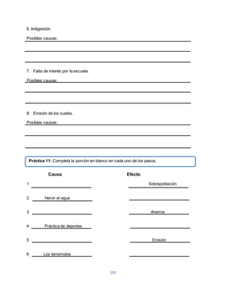 Práctica 11: Completa la porción en blanco en cada uno de los pasos. 
209 
6. Indigestión. 
Posibles causas: 
7. Falta de interés por la escuela. 
Posibles causas: 
8. Erosión de los suelos. 
Posibles causas: 
Causa Efecto 
1 Sobrepoblación 
2 Hervir el agua 
3 Anemia 
4 Práctica de deportes 
5 Erosión 
6 Los terremotos 
 