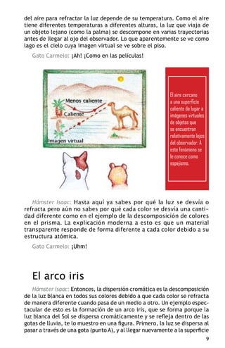 del aire para refractar la luz depende de su temperatura. Como el aire
tiene diferentes temperaturas a diferentes alturas, la luz que viaja de
un objeto lejano (como la palma) se descompone en varias trayectorias
antes de llegar al ojo del observador. Lo que aparentemente se ve como
lago es el cielo cuya imagen virtual se ve sobre el piso.
   Gato Carmelo: ¡Ah! ¡Como en las películas!




                                                            El aire cercano
                                                            a una superficie
                                                            caliente da lugar a
                                                            imágenes virtuales
                                                            de objetos que
                                                            se encuentran
                                                            relativamente lejos
                                                            del observador. A
                                                            este fenómeno se
                                                            le conoce como
                                                            espejismo.




   Hámster Isaac: Hasta aquí ya sabes por qué la luz se desvía o
refracta pero aún no sabes por qué cada color se desvía una canti-
dad diferente como en el ejemplo de la descomposición de colores
en el prisma. La explicación moderna a esto es que un material
transparente responde de forma diferente a cada color debido a su
estructura atómica.
   Gato Carmelo: ¡Uhm!




   El arco iris
   Hámster Isaac: Entonces, la dispersión cromática es la descomposición
de la luz blanca en todos sus colores debido a que cada color se refracta
de manera diferente cuando pasa de un medio a otro. Un ejemplo espec-
tacular de esto es la formación de un arco iris, que se forma porque la
luz blanca del Sol se dispersa cromáticamente y se refleja dentro de las
gotas de lluvia, te lo muestro en una figura. Primero, la luz se dispersa al
pasar a través de una gota (punto A), y al llegar nuevamente a la superficie
                                                                                  
 