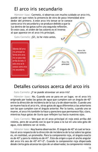 El arco iris secundario
   Hámster Isaac: Carmelo, si observas con mucho cuidado un arco iris,
puede ser que notes la presencia de otro de poca intensidad alre-
dedor del primero. A este arco iris tenue se le conoce
como arco iris secundario y se produce debido a que la
luz dentro de las gotas sufre una segunda reflexión.
En este caso, el orden de los colores es el inverso
al que aparece en el arco iris principal.
    Gato Carmelo: ¡Sí!, lo he visto antes.



  Además del arco
  iris principal se
  forma otro arco
  iris un poco más
  arriba de éste. A
  este arco se le
  conoce como arco
  iris secundario.




   Detalles curiosos acerca del arco iris
   Gato Carmelo: ¿Y se puede atravesar un arco iris?
   Hámster Isaac: No. Cuando uno se para en un lugar, ve el arco iris
originado por todas las gotas de agua que cumplen con un ángulo de 42º
entre la dirección de incidencia de la luz y la de observación. Cuando uno
se mueve hacia el arco iris, otras gotas de agua diferentes a las anteriores
son las que cumplen con el ángulo anterior. Por lo tanto, cuando uno se
mueve, el arco iris también lo hace y pareciera que permanece fijo; claro,
mientras haya gotas de lluvia que reflejen luz hacia nuestros ojos.
   Gato Carmelo: Veo que en el arco principal el rojo está arriba del
violeta, pero de acuerdo con lo que le pasa a la luz en una sola gota de
agua, esto debiera ser al revés.
    Hámster Isaac: Muy buena observación. El ángulo de 42º al cual se loca-
liza el arco respecto de la dirección de incidencia de la luz sobre las gotas
es, en realidad, un promedio. Para la componente roja, el ángulo exacto
es de 43º y para la violeta es de 41º. Esto da origen a que el ancho angular
del arco iris sea de 43º-41º=2º. Cuando la componente roja dispersada
desde cierta gota alcanza los ojos de un observador, la componente violeta
                                                                          13
 