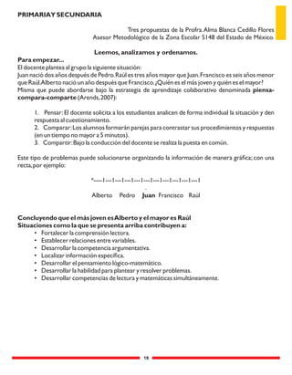 19
PRIMARIAY SECUNDARIA
Tres propuestas de la Profra.Alma Blanca Cedillo Flores
Asesor Metodológico de la Zona Escolar S148 del Estado de México.
Leemos, analizamos y ordenamos.
Para empezar...
El docente plantea al grupo la siguiente situación:
Juan nació dos años después de Pedro.Raúl es tres años mayor que Juan.Francisco es seis años menor
que Raúl.Alberto nació un año después que Francisco.¿Quién es el más joven y quién es el mayor?
Misma que puede abordarse bajo la estrategia de aprendizaje colaborativo denominada piensa-
compara-comparte (Arends,2007):
1. Pensar:El docente solicita a los estudiantes analicen de forma individual la situación y den
respuesta al cuestionamiento.
2. Comparar:Los alumnos formarán parejas para contrastar sus procedimientos y respuestas
(en un tiempo no mayor a 5 minutos).
3. Compartir:Bajo la conducción del docente se realiza la puesta en común.
Este tipo de problemas puede solucionarse organizando la información de manera gráﬁca; con una
recta,por ejemplo:
*----1---1---1---1---1---1---1---1---1---1---1
.
Alberto Pedro Juan Francisco Raúl
Concluyendo que el más joven esAlberto y el mayor es Raúl
Situaciones como la que se presenta arriba contribuyen a:
• Fortalecer la comprensión lectora.
• Establecer relaciones entre variables.
• Desarrollar la competencia argumentativa.
• Localizar información especíﬁca.
• Desarrollar el pensamiento lógico-matemático.
• Desarrollar la habilidad para plantear y resolver problemas.
• Desarrollar competencias de lectura y matemáticas simultáneamente.
 
