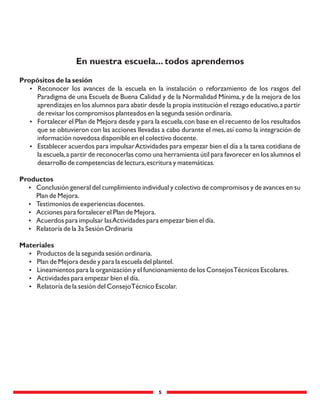 5
Propósitos de la sesión
 Reconocer los avances de la escuela en la instalación o reforzamiento de los rasgos del
Paradigma de una Escuela de Buena Calidad y de la Normalidad Mínima,y de la mejora de los
aprendizajes en los alumnos para abatir desde la propia institución el rezago educativo,a partir
de revisar los compromisos planteados en la segunda sesión ordinaria.
 Fortalecer el Plan de Mejora desde y para la escuela,con base en el recuento de los resultados
que se obtuvieron con las acciones llevadas a cabo durante el mes,así como la integración de
información novedosa disponible en el colectivo docente.
 Establecer acuerdos para impulsarActividades para empezar bien el día a la tarea cotidiana de
la escuela,a partir de reconocerlas como una herramienta útil para favorecer en los alumnos el
desarrollo de competencias de lectura,escritura y matemáticas.
Productos
 Conclusión general del cumplimiento individual y colectivo de compromisos y de avances en su
Plan de Mejora.
 Testimonios de experiencias docentes.
 Acciones para fortalecer el Plan de Mejora.
 Acuerdos para impulsar lasActividades para empezar bien el día.
 Relatoría de la 3a Sesión Ordinaria
Materiales
 Productos de la segunda sesión ordinaria.
 Plan de Mejora desde y para la escuela del plantel.
 Lineamientos para la organización y el funcionamiento de los ConsejosTécnicos Escolares.
 Actividades para empezar bien el día.
 Relatoría de la sesión del ConsejoTécnico Escolar.
En nuestra escuela... todos aprendemos
 