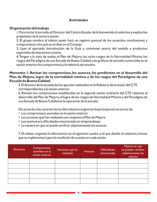 6
Actividades
Organización del trabajo
1.Para iniciar la jornada,el Director del Centro Escolar da la bienvenida al colectivo y explica los
propósitos de la tercera sesión.
2. El grupo nombra al relator, quien hará un registro puntual de los acuerdos, conclusiones y
compromisos a los que se arriben en el Consejo.
3. Lean el apartado Introducción de la Guía y comenten acerca del sentido y productos
esperados de esta tercera sesión.
4.Tengan a la vista de todos: el Plan de Mejora, los ocho rasgos de la Normalidad Mínima, los
rasgos del Paradigma de una Escuela de Buena Calidad y las gráﬁcas de escuela construidas en la
sesión anterior,los compromisos y la relatoría de octubre.
Momento 1. Revisar los compromisos, los avances, los pendientes en el desarrollo del
Plan de Mejora, logro de la normalidad mínima y de los rasgos del Paradigma de una
Escuela de Buena Calidad.
5.El director de la escuela,lea los apuntes realizados en la Relatoría de la sesión del CTE
correspondientes a la sesión anterior.
6. Revisen los compromisos establecidos en la segunda sesión ordinaria del CTE relativos al
desarrollo del Plan de Mejora,el logro de los rasgos de Normalidad Mínima y del Paradigma de
una Escuela de Buena Calidad en la operación de la escuela.
De acuerdo a las características del colectivo organicen la participación en torno de:
• Los compromisos asumidos en la sesión anterior.
• Las acciones que han realizado con respecto al Plan de Mejora.
• Los avances y/o diﬁcultades encontradas en el aprendizaje.
• La manera en que se puede veriﬁcar objetivamente los avances.
7.El relator organiza la información en el siguiente cuadro o el que diseñe el colectivo,mismo
que se implementará para la rendición de cuentas en cada sesión.
Docentes Compromisos
asumidos en la
sesión anterior
Acciones que ha
realizado
Avances
Diﬁcultades
encontradas
Manera en que
se pueden veriﬁcar
objetivamente los
avances
 