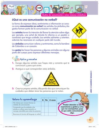 11
LIBRO
3
CUADERNO
SEMANA
2
Mi compromiso
LIBRO
3
CUADERNO
SEMANA
2
iso
Aplica y resuelve
Medios de comunicación y otros sistemas simbólicos
¿Qué es una comunicación no verbal?
La forma de expresar ideas, sentimientos o información se cono-
ce como comunicación no verbal. Las señales, los símbolos y los
gestos forman parte de la comunicación no verbal.
Las señales tienen la intención de llamar la atención sobre algo;
por ejemplo, una señal de tránsito le informa a un peatón o
conductor que tenga cuidado. Las señales advierten y orientan,
además las reconoces en cualquier parte del mundo.
Los símbolos comunican valores y sentimientos, como la bandera
de Colombia o un corazón.
Los gestos los hacen las personas y algunos animales con alguna
parte del cuerpo para expresar diferentes mensajes.
1. Escoge algunas señales que hayas visto y comenta qué te
comunican y para qué sirven.
2. Averigua a qué corresponden estos símbolos.
3. Crea tus propias señales, dibujando dos que comuniquen los
cuidados que deben tener las personas que te visitan.
Valora tu aprendiza
je Sí No A veces
Me intereso por conocer formas no
verbales de comunicación.
Comprendo que los símbolos y las
señales se utilizan para transmitir un
mensaje entendible para todas las personas.
Reconozco la función del lenguaje no verbal.
Prestar atención a mis
expresiones y gestos y a los
que me acompañan, pues
sé que están comunicando
algo.
LIBRO 3 SEMANA 2.indd 11 2/04/14 13:23
 