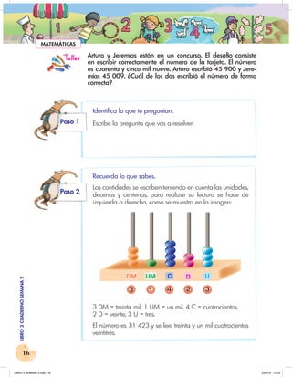 16
LIBRO
3
CUADERNO
SEMANA
2
Taller
Paso 1
Paso 2
3
2
4
1
3
U
D
C
UM
DM
MATEMÁTICAS
Arturo y Jeremías están en un concurso. El desafío consiste
en escribir correctamente el número de la tarjeta. El número
es cuarenta y cinco mil nueve. Arturo escribió 45 900 y Jere-
mías 45 009. ¿Cuál de los dos escribió el número de forma
correcta?
Identifica lo que te preguntan.
Escribe la pregunta que vas a resolver:
Recuerda lo que sabes.
Las cantidades se escriben teniendo en cuenta las unidades,
decenas y centenas, para realizar su lectura se hace de
izquierda a derecha, como se muestra en la imagen:
3 DM = treinta mil, 1 UM = un mil, 4 C = cuatrocientos,
2 D = veinte, 3 U = tres.
El número es 31 423 y se lee: treinta y un mil cuatrocientos
veintitrés.
LIBRO 3 SEMANA 2.indd 16 2/04/14 13:23
 
