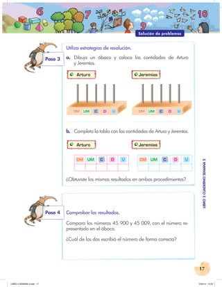 17
Mi compromiso
LIBRO
3
CUADERNO
SEMANA
2
U
D
C
UM
DM U
D
C
UM
DM
Paso 3
Paso 4
Solución de problemas
Utiliza estrategias de resolución.
a. Dibuja un ábaco y coloca las cantidades de Arturo
y Jeremías.
Arturo Jeremías
b. Completa la tabla con las cantidades de Arturo y Jeremías.
Arturo Jeremías
DM UM C D U DM UM C D U
¿Obtuviste los mismos resultados en ambos procedimientos?
Comprobar los resultados.
Compara los números 45 900 y 45 009, con el número re-
presentado en el ábaco.
¿Cuál de los dos escribió el número de forma correcta?
LIBRO 3 SEMANA 2.indd 17 2/04/14 13:23
 