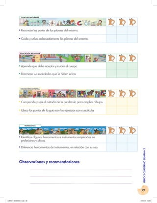 39
LIBRO
3
CUADERNO
SEMANA
2
Observaciones y recomendaciones
●
Aprende que debe aceptar y cuidar el cuerpo.
●
Reconoce sus cualidades que lo hacen único.
●
Reconoce las partes de las plantas del entorno.
●
Cuida y utiliza adecuadamente las plantas del entorno.
●
Identifica algunas herramientas e instrumentos empleados en
profesiones y oficios.
●
Diferencia herramientas de instrumentos, en relación con su uso.
●
Comprende y usa el método de la cuadrícula para ampliar dibujos.
●
Ubica los puntos de la guía con los ejercicios con cuadrícula.
CIENCIAS NATURALES
EDUCACIÓN RELIGIOSA
TECNOLOGÍA
EDUCACIÓN ARTÍSTICA
LIBRO 3 SEMANA 2.indd 39 2/04/14 13:24
 