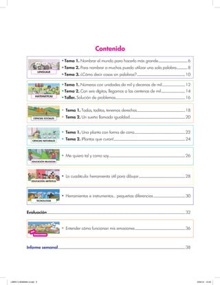 Evaluación...................................................................................................................................................................................................................................32
Informe semanal.................................................................................................................................................................................................................38
EMOCIONES
MIS
LENGUAJE
EDUCACIÓN RELIGIOSA
MATEMÁTICAS
EDUCACIÓN ARTÍSTICA
CIENCIAS SOCIALES
Contenido
CIENCIAS NATURALES
TECNOLOGÍA
●
Tema 1. Nombrar el mundo para hacerlo más grande................................................6
●
Tema 2. Para nombrar a muchos puedo utilizar una sola palabra..................8
●
Tema 3. ¿Cómo decir cosas sin palabras?...............................................................................10
●
Tema 1. Números con unidades de mil y decenas de mil......................................12
●
Tema 2. Con seis dígitos, llegamos a las centenas de mil.......................................14
●
Taller. Solución de problemas..................................................................................................................16
●
Tema 1. Todos, toditos, tenemos derechos...............................................................................18
●
Tema 2. Un sueño llamado igualdad...........................................................................................20
●
Tema 1. Una planta con forma de cono...................................................................................22
●
Tema 2. ¡Plantas que curan!.....................................................................................................................24
●
Me quiero tal y como soy.............................................................................................................................26
●
La cuadrícula: herramienta útil para dibujar............................................................................28
●
Herramientas e instrumentos… pequeñas diferencias....................................................30
●
Entender cómo funcionan mis emociones..................................................................................36
LIBRO 3 SEMANA 2.indd 5 2/04/14 13:22
 