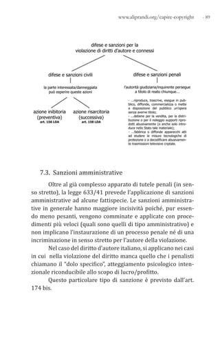 - 89www.aliprandi.org/capire-copyright
7.3. Sanzioni amministrative
Oltre al già complesso apparato di tutele penali (in sen-
so stretto), la legge 633/41 prevede l’applicazione di sanzioni
amministrative ad alcune fattispecie. Le sanzioni amministra-
tive in generale hanno maggiore incisività poiché, pur essen-
do meno pesanti, vengono comminate e applicate con proce-
dimenti più veloci (quali sono quelli di tipo amministrativo) e
non implicano l’instaurazione di un processo penale né di una
incriminazione in senso stretto per l’autore della violazione.
Nel caso del diritto d’autore italiano, si applicano nei casi
in cui nella violazione del diritto manca quello che i penalisti
chiamano il “dolo specifico”, atteggiamento psicologico inten-
zionale riconducibile allo scopo di lucro/profitto.
Questo particolare tipo di sanzione è previsto dall’art.
174 bis.
 