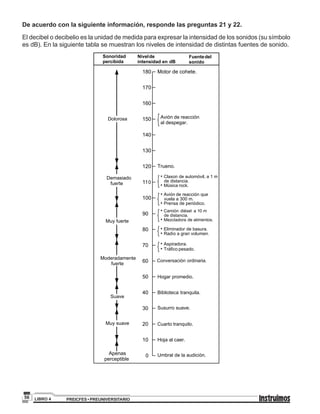 PREICFES • PREUNIVERSITARIOLIBRO 456
De acuerdo con la siguiente información, responde las preguntas 21 y 22.
El decibel o decibelio es la unidad de medida para expresar la intensidad de los sonidos (su símbolo
es dB). En la siguiente tabla se muestran los niveles de intensidad de distintas fuentes de sonido.
Sonoridad
percibida
Nivelde
intensidad en dB
Fuentedel
sonido
Motor de cohete.180
170
160
150
140
130
120
110
100
90
80
70
60
50
40
30
20
10
0
Avión de reacción
al despegar.
Trueno.
• Claxon de automóvil, a 1 m
de distancia.
• Música rock.
• Avión de reacción que
vuela a 300 m.
• Prensa de periódico.
• Camión diésel a 10 m
de distancia.
• Mezcladora de alimentos.
• Eliminador de basura.
• Radio a gran volumen.
• Aspiradora.
• Tráfico pesado.
Conversación ordinaria.
Hogar promedio.
Biblioteca tranquila.
Susurro suave.
Cuarto tranquilo.
Hoja al caer.
Umbral de la audición.
Demasiado
fuerte
Muy fuerte
Moderadamente
fuerte
Suave
Muy suave
Apenas
perceptible
Dolorosa
{
{
{
{
{
{
 
