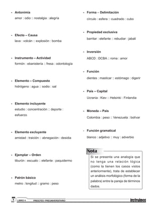 PREICFES • PREUNIVERSITARIOLIBRO 46
-	Antonimia
	 amor : odio :: nostalgia : alegría
-	 Efecto – Causa	
	 lava : volcán :: explosión : bomba
-	 Instrumento – Actividad	
	 formón : ebanistería :: fresa : odontología
-	 Elemento – Compuesto
	 	hidrógeno : agua :: sodio : sal
-	 Elemento incluyente
	 estudio : concentración :: deporte :
esfuerzo
-	 Elemento excluyente
	 	amistad : traición :: abnegación : desidia
-	 Ejemplar – Orden
	 tiburón : escualo :: elefante : paquidermo
-	 Patrón básico
	 	metro : longitud :: gramo : peso
-	 Forma – Delimitación
		círculo : esfera :: cuadrado : cubo
-	 Propiedad exclusiva
	 barritar : elefante :: rebudiar : jabalí
-	 Inversión
		ABCD : DCBA :: roma : amor
-	 Función
	 	dientes : masticar :: estómago : digerir
-	 País – Capital
		Ucrania : Kiev :: Helsinki : Finlandia
-	 Moneda – País
	 Colombia : peso :: Venezuela : bolívar
-	 Función gramatical
		blanco : adjetivo :: muy : adverbio
Nota
Si se presenta una analogía que
no tenga una relación lógica
(como la tienen los casos vistos
anteriormente), trata de establecer
un análisis morfológico (forma de la
palabra) entre la pareja de términos
dados.
 