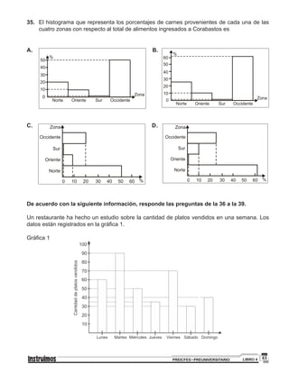 63PREICFES • PREUNIVERSITARIO LIBRO 4
35.		El histograma que representa los porcentajes de carnes provenientes de cada una de las
cuatro zonas con respecto al total de alimentos ingresados a Corabastos es
A.		
0
20
30
40
50
Norte Oriente Sur Occidente
Zona
%
10
B.
0
10
20
30
40
50
Norte Oriente Sur Occidente
Zona
%
60
	
C. 	
10 %
Zona
0 20 30 40 50 60
Occidente
Sur
Oriente
Norte
D.
10 %
Zona
0 20 30 40 50 60
Occidente
Sur
Oriente
Norte
	
	
De acuerdo con la siguiente información, responde las preguntas de la 36 a la 39.
Un restaurante ha hecho un estudio sobre la cantidad de platos vendidos en una semana. Los
datos están registrados en la gráfica 1.
Gráfica 1
10
20
30
40
50
60
70
80
90
100
Lunes Martes Miércoles Jueves Viernes Sábado Domingo
Cantidaddeplatosvendidos
 