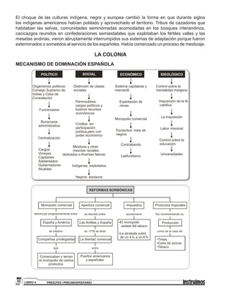 PREICFES • PREUNIVERSITARIOLIBRO 466
El choque de las culturas indígena, negra y europea cambió la forma en que durante siglos
los indígenas americanos habían poblado y aprovechado el territorio. Tribus de cazadores que
habitaban las selvas, comunidades seminómadas acomodadas en los bosques interandinos,
cacicazgos reunidos en confederaciones semiestatales que explotaban los fértiles valles y las
mesetas andinas, vieron abruptamente interrumpidos sus sistemas de adaptación porque fueron
exterminados o sometidos al servicio de los españoles. Había comenzado un proceso de mestizaje.
LA COLONIA
MECANISMO DE DOMINACIÓN ESPAÑOLA
 