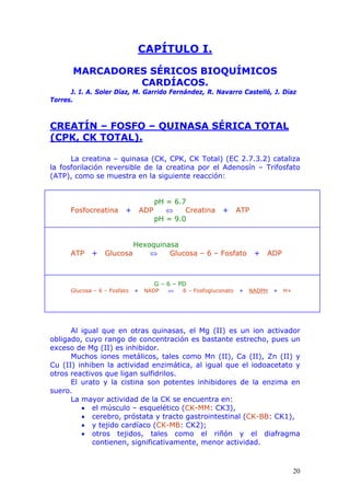 CAPÍTULO I.

       MARCADORES SÉRICOS BIOQUÍMICOS
                CARDÍACOS.
      J. I. A. Soler Díaz, M. Garrido Fernández, R. Navarro Castelló, J. Díaz
Torres.



CREATÍN – FOSFO – QUINASA SÉRICA TOTAL
(CPK, CK TOTAL).

      La creatina – quinasa (CK, CPK, CK Total) (EC 2.7.3.2) cataliza
la fosforilación reversible de la creatina por el Adenosín – Trifosfato
(ATP), como se muestra en la siguiente reacción:


                                      pH = 6.7
      Fosfocreatina      +        ADP    ⇔    Creatina      +      ATP
                                      pH = 9.0


                          Hexoquinasa
      ATP    +    Glucosa     ⇔    Glucosa – 6 – Fosfato                 +   ADP



                                     G – 6 – PD
      Glucosa – 6 – Fosfato   +    NADP   ⇔   6 – Fosfogluconato   +   NADPH   +   H+




      Al igual que en otras quinasas, el Mg (II) es un ion activador
obligado, cuyo rango de concentración es bastante estrecho, pues un
exceso de Mg (II) es inhibidor.
      Muchos iones metálicos, tales como Mn (II), Ca (II), Zn (II) y
Cu (II) inhiben la actividad enzimática, al igual que el iodoacetato y
otros reactivos que ligan sulfidrilos.
      El urato y la cistina son potentes inhibidores de la enzima en
suero.
      La mayor actividad de la CK se encuentra en:
         • el músculo – esquelético (CK-MM: CK3),
         • cerebro, próstata y tracto gastrointestinal (CK-BB: CK1),
         • y tejido cardíaco (CK-MB: CK2);
         • otros tejidos, tales como el riñón y el diafragma
            contienen, significativamente, menor actividad.



                                                                                        20
 