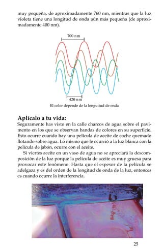 Medias, mascadas y luz
                     Experimento 6
Otra forma de ver la interferencia de la luz es mediante el uso de
otros elementos que puedes encontrar en tu casa como las mascadas
y las medias.

Materiales:
 • Una media de mujer (negra o café) o una mascada de seda.
 • Una lámpara de luz blanca.

Procedimiento:
Estira la media con tus manos cerca de tu cara y dirige la media hacia
la fuente de luz. Verás que al mirar a través de la media apreciarás
varios círculos concéntricos de colores.

¿Qué pasó?
Los hilos de la media o mascada son muy delgados y la distancia
entre ellos es tan corta que facilita la difracción de la luz. La difrac-
ción ocurre cuando una onda rodea el extremo de un obstáculo. Los
rayos al interferir entre ellos producen la interferencia constructiva
y destructiva que dan origen al círculo de colores.




         
 