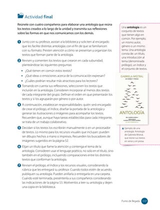Reúnete con cuatro compañeros para elaborar una antología que reúna
los textos creados a lo largo de la unidad y transmita sus reflexiones
sobre las formas en que nos comunicamos con los demás.
1 Junto con su profesor, asistan a la biblioteca y soliciten al encargado
que les facilite distintas antologías con el fin de que se familiaricen
con su formato. Presten atención a cómo se presentan y organizan los
textos que forman parte de la antología.
2 Revisen y comenten los textos que crearon en cada subunidad,
planteándose las siguientes preguntas:
• ¿Qué tienen en común estos textos?
• ¿Qué ideas o emociones acerca de la comunicación expresan?
• ¿Cuáles podrían resultar más atractivos para los lectores?
3 Tomando en cuenta sus reflexiones, seleccionen los textos que
incluirán en la antología. Consideren incorporar al menos dos textos
de cada integrante del grupo. Definan el orden en que presentarán los
textos y si los agruparán por género o por autor.
4 A continuación, establezcan responsabilidades: quién será encargado
de crear el prólogo, el índice, diseñar la portada de la antología y
generar las ilustraciones o imágenes para acompañar los textos.
Recuerden que, aunque haya tareas establecidas para cada integrante,
se trata de un trabajo colaborativo.
5 Decidan si los textos los escribirán manualmente o en un procesador
de textos. Lo mismo para los recursos visuales que incluyan: pueden
ser dibujos hechos a mano o impresos. Recuerden los buscadores de
imágenes sugeridos en la página 52.
6 Elijan un título que llame la atención y contenga el tema de la
antología. Consideren usar el lenguaje poético, no solo en el título, sino
también en el prólogo, incluyendo comparaciones entre los distintos
textos que conforman la antología.
7 Revisen el prólogo, el índice y los recursos visuales, considerando la
rúbrica que les entregará su profesor. Cuando todos estén de acuerdo,
publiquen su antología. Pueden anillarla o entregarla en una carpeta.
Cuando esté terminada, preséntenla a sus compañeros considerando
las indicaciones de la página 53. Motívenlos a leer su antología y dejen
una copia en la biblioteca.
Una antología es un
conjunto de textos
que tienen algo en
común. Por ejemplo,
un mismo autor,
género o un mismo
tema. Una antología
consta de: un título,
una introducción al
tema (denominada
prólogo), un índice y
el conjunto de textos.
Ejemplo de una
antología: Antología
de Gabriela Mistral,
que reúne sus textos
en verso y en prosa.
Actividad final
117
117
Punto de llegada
 