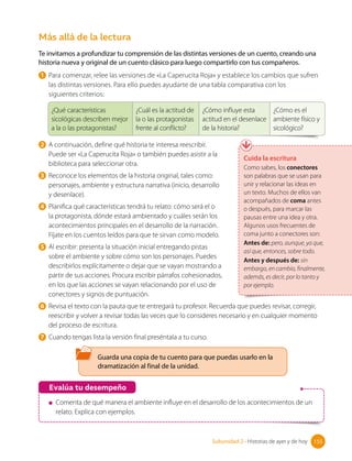 Te invitamos a profundizar tu comprensión de las distintas versiones de un cuento, creando una
historia nueva y original de un cuento clásico para luego compartirlo con tus compañeros.
1 Para comenzar, relee las versiones de «La Caperucita Roja» y establece los cambios que sufren
las distintas versiones. Para ello puedes ayudarte de una tabla comparativa con los 		
siguientes criterios:
Evalúa tu desempeño
Comenta de qué manera el ambiente influye en el desarrollo de los acontecimientos de un
relato. Explica con ejemplos.
Más allá de la lectura
¿Qué características
sicológicas describen mejor
a la o las protagonistas?
¿Cuál es la actitud de
la o las protagonistas
frente al conflicto?
¿Cómo influye esta
actitud en el desenlace
de la historia?
¿Cómo es el
ambiente físico y
sicológico?
2 A continuación, define qué historia te interesa reescribir.
Puede ser «La Caperucita Roja» o también puedes asistir a la
biblioteca para seleccionar otra.
3 Reconoce los elementos de la historia original, tales como:
personajes, ambiente y estructura narrativa (inicio, desarrollo
y desenlace).
4 Planifica qué características tendrá tu relato: cómo será el o
la protagonista, dónde estará ambientado y cuáles serán los
acontecimientos principales en el desarrollo de la narración.
Fíjate en los cuentos leídos para que te sirvan como modelo.
5 Al escribir: presenta la situación inicial entregando pistas
sobre el ambiente y sobre cómo son los personajes. Puedes
describirlos explícitamente o dejar que se vayan mostrando a
partir de sus acciones. Procura escribir párrafos cohesionados,
en los que las acciones se vayan relacionando por el uso de
conectores y signos de puntuación.
6 Revisa el texto con la pauta que te entregará tu profesor. Recuerda que puedes revisar, corregir,
reescribir y volver a revisar todas las veces que lo consideres necesario y en cualquier momento
del proceso de escritura.
7 Cuando tengas lista la versión final preséntala a tu curso.
Cuida la escritura
Como sabes, los conectores
son palabras que se usan para
unir y relacionar las ideas en
un texto. Muchos de ellos van
acompañados de coma antes
o después, para marcar las
pausas entre una idea y otra.
Algunos usos frecuentes de
coma junto a conectores son:
Antes de: pero, aunque, ya que,
así que, entonces, sobre todo.
Antes y después de: sin
embargo, en cambio, finalmente,
además, es decir, por lo tanto y
por ejemplo.
Guarda una copia de tu cuento para que puedas usarlo en la
dramatización al final de la unidad.
155
Subunidad 2 • Historias de ayer y de hoy 155
 