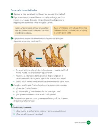 Desarrolla las actividades
1 ¿Por qué se dice que el viaje de Darwin fue «un viaje de estudio»?
2 Elige una actividad y desarróllala en tu cuaderno. Luego, expón tu
trabajo en un grupo de cuatro integrantes explicando por qué la
elegiste y qué aprendiste sobre el viaje de Darwin.
Reflexiona y comenta:
1. ¿Qué motiva al ser humano a explorar y generar conocimiento?
2. ¿Qué tema les gustaría investigar?
Elabora una cronología o línea temporal del
viaje de Darwin. Indica los lugares que visitó
en orden cronológico.
Busca un mapa de Chile y traza el recorrido
de Darwin indicando el nombre del lugar y
el año en que lo visitó.
3 Explica el mecanismo de selección natural a partir de la imagen
siguiendo los pasos a continuación.
• Recuerda la teoría sobre el pico de los pinzones y su adaptación al
medio. Puedes volver a leerla en la página 184.
• Relaciona la adaptación de los pinzones de pico largo con el
tamaño del cuello de las jirafas, ¿qué jirafas se adaptaron mejor?
• Explica en un párrafo el mecanismo de selección natural de las jirafas.
4 Completa una ficha de Charles Darwin con la siguiente información:
• ¿Quién fue Charles Darwin?
• ¿Qué investigó?, ¿cómo llevó a cabo sus investigaciones?
• ¿Por qué es considerado un «científico influyente»?
5 Compara tus respuestas en un grupo y concluyan: ¿cuál fue el aporte
de Darwin a la humanidad?
187
187
Punto de partida
 