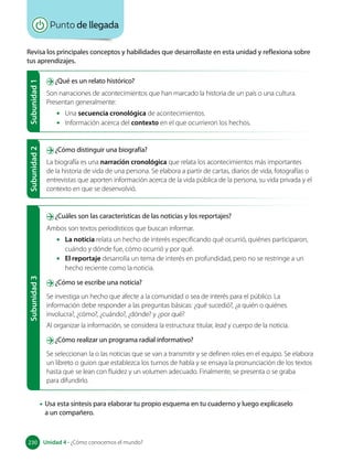 Revisa los principales conceptos y habilidades que desarrollaste en esta unidad y reflexiona sobre
tus aprendizajes.
Punto de llegada
Subunidad
1
Subunidad
2
Subunidad
3
¿Qué es un relato histórico?
Son narraciones de acontecimientos que han marcado la historia de un país o una cultura.
Presentan generalmente:
• Una secuencia cronológica de acontecimientos.
• Información acerca del contexto en el que ocurrieron los hechos.
¿Cómo distinguir una biografía?
La biografía es una narración cronológica que relata los acontecimientos más importantes
de la historia de vida de una persona. Se elabora a partir de cartas, diarios de vida, fotografías o
entrevistas que aporten información acerca de la vida pública de la persona, su vida privada y el
contexto en que se desenvolvió.
¿Cuáles son las características de las noticias y los reportajes?
Ambos son textos periodísticos que buscan informar.
• La noticia relata un hecho de interés especificando qué ocurrió, quiénes participaron,
cuándo y dónde fue, cómo ocurrió y por qué.
• El reportaje desarrolla un tema de interés en profundidad, pero no se restringe a un
hecho reciente como la noticia.
¿Cómo se escribe una noticia?
Se investiga un hecho que afecte a la comunidad o sea de interés para el público. La
información debe responder a las preguntas básicas: ¿qué sucedió?, ¿a quién o quiénes
involucra?, ¿cómo?, ¿cuándo?, ¿dónde? y ¿por qué?
Al organizar la información, se considera la estructura: titular, lead y cuerpo de la noticia.
¿Cómo realizar un programa radial informativo?
Se seleccionan la o las noticias que se van a transmitir y se definen roles en el equipo. Se elabora
un libreto o guion que establezca los turnos de habla y se ensaya la pronunciación de los textos
hasta que se lean con fluidez y un volumen adecuado. Finalmente, se presenta o se graba
para difundirlo.
• Usa esta síntesis para elaborar tu propio esquema en tu cuaderno y luego explícaselo
a un compañero.
230 Unidad 4 • ¿Cómo conocemos el mundo?
230
 