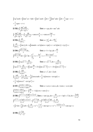 54
2 2 2 21 1
(sec 1) sec secg axdx ax dx axdx dx udu dx gu x c
a a
τ τ= − = − = − = − +∫ ∫ ∫ ∫ ∫ ∫
1
gax x c
a
τ= − +
2.132.-
2
2
sec
4
xdx
g xτ−
∫ , Sea: 2
, secu gx du xdxτ= =
2
2 2 2
sec
arcs n arcs n
2 24 2
xdx du u gx
e c e c
g x u
τ
τ
= = + = +
− −
∫ ∫
2.133.-
cos x
a
dx
∫ , Sea: ,x dxu du
a a
= =
sec sec sec sec
cos
x x x
a a a
x
a
dx
dx a udu a u gu c a g cη τ η τ= = = + + = + +∫ ∫ ∫
2.134.-
3 1 x
dx
x
η+
∫ , Sea: 1 ,
dx
u x du
x
η= + =
4 4 4
3 3 3
1
3
3 1 3 3(1 )
4 4 4
3
x u u x
dx u du c c c
x
η η+ +
= = + = + = +∫ ∫
2.135.- 1
1
dx
g x
x
τ −
−∫ , Sea: 1,
2 1
dx
u x du
x
= − =
−
1 2 2 sec 1 2 cos 1
1
dx du
g x gu x c x c
ux
τ τ η η− = = − + = − − +
−∫ ∫
2.136.- 2
s n
xdx
e x∫ , Sea: 2
, 2u x du xdx= =
2
1 1 1
cos cos co
s n 2 s n 2 2
xdx du
ecudu ecu gu c
e x e u
η τ= = = − +∫ ∫ ∫
2 21
cos co
2
ecx gx cη τ= − +
2.137.-
s n cos
s n cos
e x x
dx
e x x
−
+∫ , Sea: s n cos , (cos s n )u e x x du x e x dx= + = −
s n cos
s n cos
s n cos
e x x du
dx e x x c
e x x u
η
−
= − = − + +
+∫ ∫
2.138.-
arc 2
2
(1 ) 1
1
gx
e x x
x
τ
η+ + +
+∫ , Sea: 2
2 2
2
arc , ; (1 ) ,
1 1
dx xdx
u gx du w x d dw
x x
τ η= = = + =
+ +
arc 2 arc 2
2 2 2 2
(1 ) 1 (1 )
1 1 1 1
gx gx
e x x e dx x x dx dx
x x x x
τ τ
η η+ + + +
= + +
+ + + +∫ ∫ ∫ ∫
2 2 2
2
1 1 (1 )
arc arc
2 1 2 2 4
u u udx w x
e du wdw e gx c e gx c
x
η
τ τ
+
= + + = + + + = + + +
+∫ ∫ ∫
2.139.-
2
2
2
x dx
x −∫ ,
 