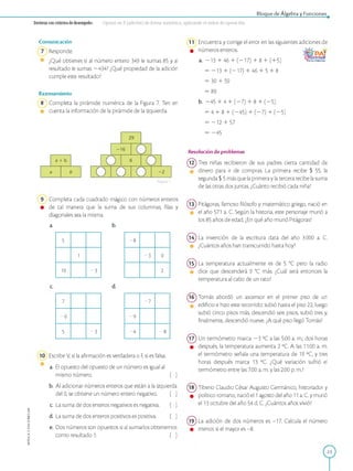 APPLICA©EDICIONESSM
Bloque de Álgebra y Funciones
D estreza con criterios de desem peño: Operar en Z (adición) de forma numérica, aplicando el orden de operación.
Comunicación
Responde.
¿Qué obtienes si al número entero 349 le sumas 85 y al
resultado le sumas —434? ¿Qué propiedad de la adición
cumple este resultado?
Razonamiento
8 ) Completa la pirámide numérica de la Figura 7. Ten en
• cuenta la información de la pirámide de la izquierda.
a + b
a b
29
-16
O
O 6
o
o O o -2
Figura7
Completa cada cuadrado mágico con números enteros
• de tal manera que la suma de sus columnas, filas y
diagonales sea la misma.
a. b.
5
1
10 -3
-8
-3 0
2
PA?
11 Encuentra y corrige el error en las siguientes adiciones de
9 números enteros.
a. —13 + 46 1 ( —17) 1 8 1 ( + 5)
= —13 + (—17) 1 46 1 5 + 8
= 30 1 59
= 89
b. —45 1 4 1 (—7) 1 8 1 ( —5)
= 4 1 8 1 (—45) 1 (—7) 1 ( —5)
= —12 1 57
= —45
Resolución de problemas
12 Tres niñas recibieron de sus padres cierta cantidad de
dinero para ir de compras. La primera recibe $ 55, la
segunda $ 5 más que la primera y la tercera recibe la suma
de las otras dos juntas. ¿Cuánto recibió cada niña?
13 Pitágoras, famoso filósofo y matemático griego, nació en
• el año 571 a. C. Según la historia, este personaje murió a
los 85 años de edad. ¿En qué año murió Pitágoras?
14 La invención de la escritura data del año 3000 a. C.
• ¿Cuántos años han transcurrido hasta hoy?
15 La temperatura actualmente es de 5 °C pero la radio
• dice que descenderá 9 °C más. ¿Cuál será entonces la
temperatura al cabo de un rato?
7
-6
5 -3
-7
-9
-4 -8
10 Escribe V si la afirmación es verdadera o F si es falsa.
a. El opuesto del opuesto de un número es igual al
mismo número. ( )
b. Al adicionar números enteros que están a la izquierda
del 0, se obtiene un número entero negativo. ( )
c. La suma de dos enteros negativos es negativa. ( )
d. La suma de dos enteros positivos es positiva. ( )
e. Dos números son opuestos si al sumarlos obtenemos
como resultado 1. ( )
16 Tomás abordó un ascensor en el primer piso de un
0 edificio e hizo este recorrido: subió hasta el piso 22, luego
subió cinco pisos más, descendió seis pisos, subió tres y,
finalmente, descendió nueve. ¿A qué piso llegó Tomás?
17 Un termómetro marca —3 °C a las 5:00 a. m.; dos horas
después, la temperatura aumenta 2 °C. A las 11:00 a. m.
el termómetro señala una temperatura de 19 °C, y tres
horas después marca 13 °C. ¿Qué variación sufrió el
termómetro entre las 7:00 a. m. y las 2:00 p. m.?
18 Tiberio Claudio César Augusto Germánico, historiador y
político romano, nació el 1agosto del año 11 a. C. y murió
el 13 octubre del año 54 d. C. ¿Cuántos años vivió?
19 La adición de dos números es -17. Calcula el número
menor, si el mayor es -8.
23
 