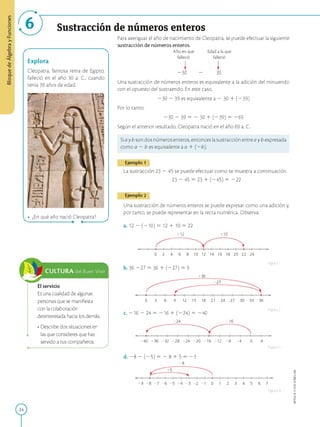 BloquedeÁlgebrayFunciones
Sustracción de números enteros
Explora
Cleopatra, famosa reina de Egipto,
falleció en el año 30 a. C., cuando
tenía 39 años de edad.
v * ¿En qué año nació Cleopatra?
h .
CULTURA del Buen Vivir
El servicio
Es una cualidad de algunas
personas que se manifiesta
con la colaboración
desinteresada hacia los demás.
•Describe dos situaciones en
las que consideres que has
servido a tus compañeros.
Para averiguar el año de nacimiento de Cleopatra, se puede efectuar la siguiente
sustracción de números enteros.
Año en que
falleció
-30
Edad a laque
falleció
39
Una sustracción de números enteros es equivalente a la adición del minuendo
con el opuesto del sustraendo. En este caso,
-30 — 39 es equivalente a — 30 1 (-39)
Por lo tanto:
— 30 — 39 = — 30 1 ( —39) = —69
Según el anterior resultado, Cleopatra nació en el año 69 a. C.
Si a y b son dos números enteros, entonces la sustracción entre a y b expresada
como a — b es equivalente a a 1 ( —b).
Ejemplo 1
La sustracción 23 — 45 se puede efectuar como se muestra a continuación.
23 — 45 = 23 1 ( —45) = —22
Ejemplo 2
Una sustracción de números enteros se puede expresar como una adición y,
por tanto, se puede representar en la recta numérica. Observa.
a. 12 — ( —10) = 12 1 10 = 22
+ 12 + 10
0 2 4 6 8 10 12 14 16 18 20 22 24
b. 36 —27 = 36 1 ( —27) = 9
Figura1
+36
0 3 6 9 12 15 18 21 24 27 30 33 36
c. —16 — 24 = —16 1 ( —24) = —40
-24
Figura2
—16
-40 -36 -32 -28 -24 -20 -16 -12 -8 -4 0 4
Figura3
d. —8 — ( —5) = — 8 1 5 = —3
-9 -8 -7 -6 -5 -4 -3 -2 -1 0 1 2 3 4 5 6 7
Figura4
8
APPLICA©EDICIONESSM
 