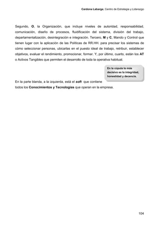 Cardona Labarga, Centro de Estrategia y Liderazgo




Segundo, O, la Organización, que incluye niveles de autoridad, responsabilidad,
comunicación, diseño de procesos, fluidificación del sistema, división del trabajo,
departamentalización, desintegración e integración. Tercero, M y C, Mando y Control que
tienen lugar con la aplicación de las Políticas de RR.HH. para precisar los sistemas de
cómo seleccionar personas, ubicarlas en el puesto ideal de trabajo, retribuir, establecer
objetivos, evaluar el rendimiento, promocionar, formar. Y, por último, cuarto, están los AT
o Activos Tangibles que permiten el desarrollo de toda la operativa habitual.

                                                                   En la cúpula lo más
                                                                   decisivo es la integridad,
                                                                   honestidad y decencia.

En la parte blanda, a la izquierda, está el soft que contiene
todos los Conocimientos y Tecnologías que operan en la empresa.




                                                                                            104
 