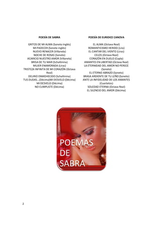 2
POESÍA DE SABRA
GRITOS DE MI ALMA (Soneto Inglés)
MI PADECER (Soneto inglés)
NUEVO RENACER (Villanela)
NOCHE DE ROSAS (Soneto)
ACARICIO NUESTRO AMOR (Villanela)
BRISA DE TU MAR (Schaltinina)
MUJER ENAMORADA (Liras)
TRISTEZA INFINITA DE MI CORAZÓN (Octava
Real)
DELIRIO ENMOHECIDO (Schaltinina)
TUS DUDAS...(Décima)MI DESVELO (Décima)
MI DESVELO (Décima)
NO CUMPLISTE (Décima)
POESÍA DE EURIDICE CANOVA
EL ALMA (Octava Real)
ROMANTICISMO HERIDO (Lira)
EL CANTAR DEL VIENTO (Liras)
CELOS (Octava Real)
CORAZÓN EN DUELO (Copla)
AMANTES EN LIBERTAD (Octava Real)
LA ETERNIDAD DEL AMOR NO PERECE
(Soneto)
EL ETERNO ABRAZO (Soneto)
BRASA ARDIENTE DE TU LEÑO (Soneto)
ANTE LA INFIDELIDAD DE LOS AMANTES
(Cuartetos)
SOLEDAD ETERNA (Octava Real)
EL SILENCIO DEL AMOR (Décima)
POEMAS
DE
SABRA
 