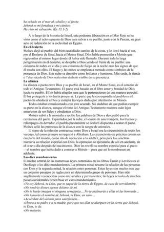 ha echado en el mar al caballo y al jinete.
Jehová es mi fortaleza y mi cántico.
Ha sido mi salvación. (Éx 15.1-2)
A lo largo de la historia de Israel, esta poderosa liberación en el Mar Rojo se ha
visto como el acto supremo de Dios para salvar a su pueblo, junto con la Pascua, su gran
acto de redención de la esclavitud en Egipto.
En el desierto
Moisés alejó al pueblo del bien custodiado camino de la costa, y lo llevó hacia el sur,
por el Desierto de Sinaí, hacia el Monte Sinaí. Dios había prometido a Moisés que
regresarían al mismo lugar donde él había sido llamado. Durante toda la larga
peregrinación en el desierto, se describe a Dios yendo al frente de su pueblo: una
columna de nubes en el día y una columna de fuego en la noche eran los signos de que
él estaba con ellos. El fuego y las nubes se emplean a menudo como símbolos de la
presencia de Dios. Esta nube se describe como brillante y luminosa. Más tarde, la tienda
o Tabernáculo de Dios sería otro símbolo visible de su presencia.
La alianza
La alianza o pacto entre Dios y su pueblo de Israel, en el Monte Sinaí, es el corazón de
todo el Antiguo Testamento. El pacto está basado en el libre amor y bondad de Dios
hacia su pueblo. Él los había elegido para que le pertenecieran de una manera especial.
Él los protegería y los haría prosperar. La parte que le correspondía al pueblo en el
pacto era obedecer a Dios y cumplir las leyes dadas por intermedio de Moisés.
Todos estaban entusiasmados con este acuerdo. No dudaban de que podían cumplir
su parte en la alianza, aunque el resto del Antiguo Testamento muestra cuán lejos
estuvieron de ser fieles y obedientes a Dios.
Moisés subió a la montaña a recibir las palabras de Dios y descendió para la
ceremonia del pacto. Espantados por la nube, el sonido de una trompeta, los truenos y
relámpagos en derredor, el pueblo prestamente se declaró dispuesto a acatar el pacto.
Moisés selló las promesas de la alianza con la sangre de animales.
El signo de la relación contractual entre Dios e Israel era la circuncisión de todos los
varones, tal como primero se requirió a Abraham. La circuncisión era práctica común en
esa parte del mundo, como rito de iniciación a la adultez, pero para los israelitas
marcaría su relación especial con Dios; la operación se ejecutaría, de allí en adelante, en
el octavo día después del nacimiento. Dios les reveló su nombre especial para el pacto
—el nombre que había dado a conocer a Moisés— para que así lo nombrasen en
adelante.
Los diez mandamientos
El núcleo central de las numerosas leyes contenidas en los libros Éxodo y Levítico es el
Decálogo o los diez mandamientos. La primera mitad resume la relación de las personas
con Dios y la segunda mitad, la relación entre personas. Estas leyes son mucho más que
un conjunto pasajero de reglas para un determinado grupo de personas. Han sido
ampliamente reconocidas como universales y permanentes; las leyes actuales de muchos
países occidentales tienen base en estos mandamientos.
«Yo soy Jehová, tu Dios, que te saqué de la tierra de Egipto, de casa de servidumbre.
»No tendrás dioses ajenos delante de mí.
»No te harás imagen ni ninguna semejanza… No te inclinarás a ellas ni las honrarás…
»No tomarás el nombre de Jehová, tu Dios, en vano…
»Acuérdate del sábado para santificarlo…
»Honra a tu padre y a tu madre, para que tus días se alarguen en la tierra que Jehová,
tu Dios, te da.
»No matarás.
 