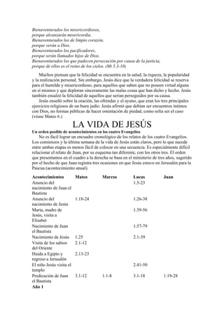 Bienaventurados los misericordiosos,
porque alcanzarán misericordia.
Bienaventurados los de limpio corazón,
porque verán a Dios.
Bienaventurados los pacificadores,
porque serán llamados hijos de Dios.
Bienaventurados los que padecen persecución por causa de la justicia,
porque de ellos es el reino de los cielos. (Mt 5.3-10)
Muchos piensan que la felicidad se encuentra en la salud, la riqueza, la popularidad
y la realización personal. Sin embargo, Jesús dice que la verdadera felicidad se reserva
para el humilde y misericordioso, para aquellos que saben que no poseen virtud alguna
en sí mismos y que deploran sinceramente las malas cosas que han dicho y hecho. Jesús
también ensalzó la felicidad de aquellos que serían perseguidos por su causa.
Jesús enseñó sobre la oración, las ofrendas y el ayuno, que eran los tres principales
ejercicios religiosos de un buen judío. Jesús afirmó que debían ser encuentros íntimos
con Dios, no formas públicas de hacer ostentación de piedad, como solía ser el caso
(véase Mateo 6.)
LA VIDA DE JESÚS
Un orden posible de acontecimientos en los cuatro Evangelios
No es fácil lograr un encuadre cronológico de los relatos de los cuatro Evangelios.
Los comienzos y la última semana de la vida de Jesús están claros, pero lo que sucede
entre ambas etapas es menos fácil de colocar en una secuencia. Es especialmente difícil
relacionar el relato de Juan, por su esquema tan diferente, con los otros tres. El orden
que presentamos en el cuadro a la derecha se basa en el ministerio de tres años, sugerido
por el hecho de que Juan registra tres ocasiones en que Jesús estuvo en Jerusalén para la
Pascua (acontecimiento anual).
Acontecimientos Mateo Marcos Lucas Juan
Anuncio del
nacimiento de Juan el
Bautista
1.5-23
Anuncio del
nacimiento de Jesús
1.18-24 1.26-38
María, madre de
Jesús, visita a
Elisabet
1.39-56
Nacimiento de Juan
el Bautista
1.57-79
Nacimiento de Jesús 1.25 2.1-39
Visita de los sabios
del Oriente
2.1-12
Huida a Egipto y
regreso a Jerusalén
2.13-23
El niño Jesús visita el
templo
2.41-50
Predicación de Juan
el Bautista
3.1-12 1.1-8 3.1-18 1.19-28
Año 1
 