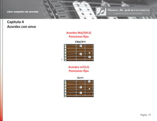 Libro completo de acordes
19Pagina
Capitulo 4
Acordes con once
Acordes Maj7(#11)
Posiciones fijas
Acordes m7(11)
Posiciones fijas
2
3
CMaj7#11
1
1
2
4
Em11
x
 