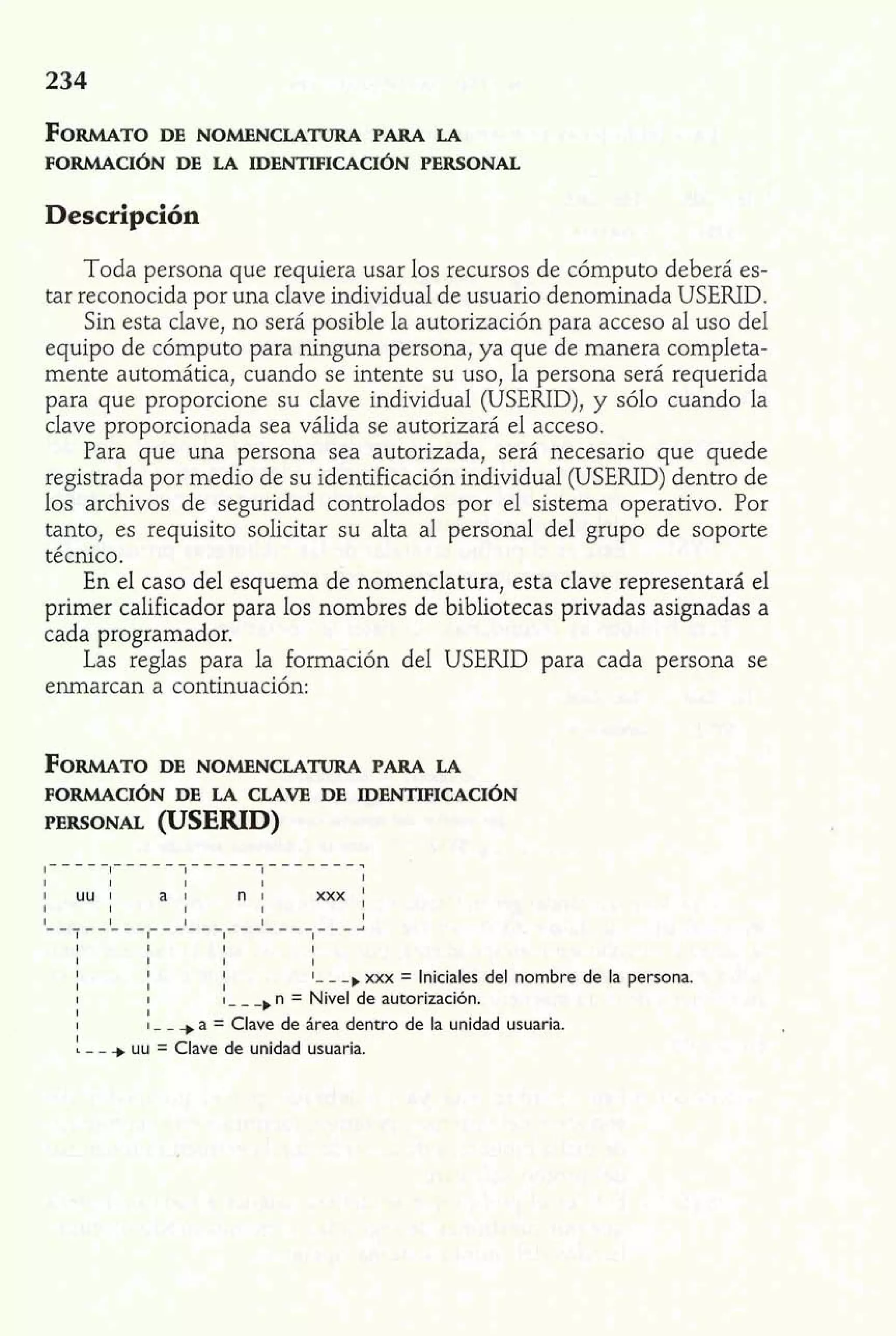 FORMATOD E NOMENCLATURA PARA LA 
FORMACIÓN DE LA IDENTIFICACI~N PERSONAL 
Descripción 
Toda persona que requiera usar los recursos de cómputo deberá es-tar 
reconocida por una clave individual de usuario denominada USERID. 
Sin esta clave, no será posible la autorización para acceso al uso del 
equipo de cómputo para ninguna persona, ya que de manera completa-mente 
automática, cuando se intente su uso, la persona será requerida 
para que proporcione su clave individual (USERID), y sólo cuando la 
clave proporcionada sea válida se autorizará el acceso. 
Para que una persona sea autorizada, será necesario que quede 
registrada por medio de su identificación individual (USERID) dentro de 
los archivos de seguridad controlados por el sistema operativo. Por 
tanto, es requisito solicitar su alta al personal del grupo de soporte 
técnico. 
En el caso del esquema de nomenclatura, esta clave representará el 
primer calificador para los nombres de bibliotecas privadas asignadas a 
cada programador. 
Las reglas para la formación del USERID para cada persona se 
enrnarcan a continuación: 
FORMATO DE NOMENCLATURA PARA LA 
FORMACIÓN DE LA CLAVE DE IDENTIFIcAcIÓN 
PERSONAL (USERID) 
I_____________--_--------7 
1 1 
1 1 1 1 I 
I UUI ai n i xxx I 
1 1 1 1 
1 I I 1 
1 I 1 1 
I I I 1- - -,xx x = Iniciales del nombre de la persona. 
1 I 
I I i - - -,n = Nivel de autorización. 
I 
I I - - .+a = Clave de área dentro de la unidad usuaria. : - - + uu = Clave de unidad usuaria. 
 