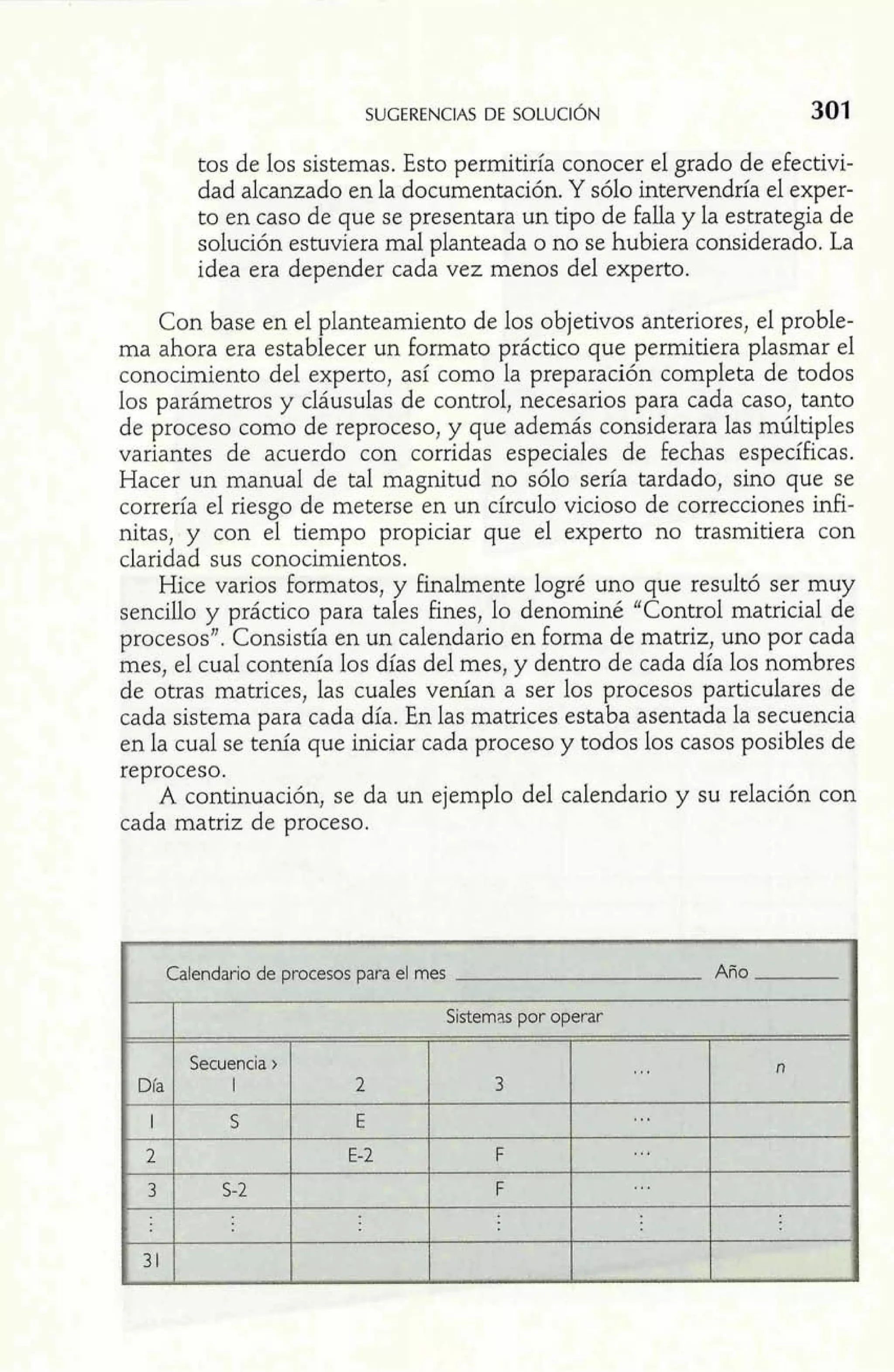 SUGERENCIAS DE SOLUCI~N 301 
tos de los sistemas. Esto permitiría conocer el grado de efectivi-dad 
alcanzado en la documentación. Y sólo intervendría el exper-to 
en caso de que se presentara un tipo de falla y la estrategia de 
solución estuviera mal planteada o no se hubiera considerado. La 
idea era depender cada vez menos del experto. 
Con base en el planteamiento de los objetivos anteriores, el proble-ma 
ahora era establecer un formato práctico que permitiera plasmar el 
conocimiento del experto, así como la preparación completa de todos 
los parámetros y cláusulas de control, necesarios para cada caso, tanto 
de proceso como de reproceso, y que además considerara las múltiples 
variantes de acuerdo con corridas especiales de fechas específicas. 
Hacer un manual de tal magnitud no sólo sería tardado, sino que se 
correría el riesgo de meterse en un círculo vicioso de correcciones infi-nitas, 
y con el tiempo propiciar que el experto no trasmitiera con 
claridad sus conocimientos. 
Hice varios formatos, y finalmente logré uno que resultó ser muy 
sencillo y práctico para tales fines, lo denominé "Control matricial de 
procesos". Consistía en un calendario en forma de matriz, uno por cada 
mes, el cual contenía los días del mes, y dentro de cada día los nombres 
de otras matrices, las cuales venían a ser los procesos particulares de 
cada sistema para cada día. En las matrices estaba asentada la secuencia 
en la cual se tenía que iniciar cada proceso y todos los casos posibles de 
reproceso. 
A continuación, se da un ejemplo del calendario y su relación con 
cada matriz de proceso. 
 