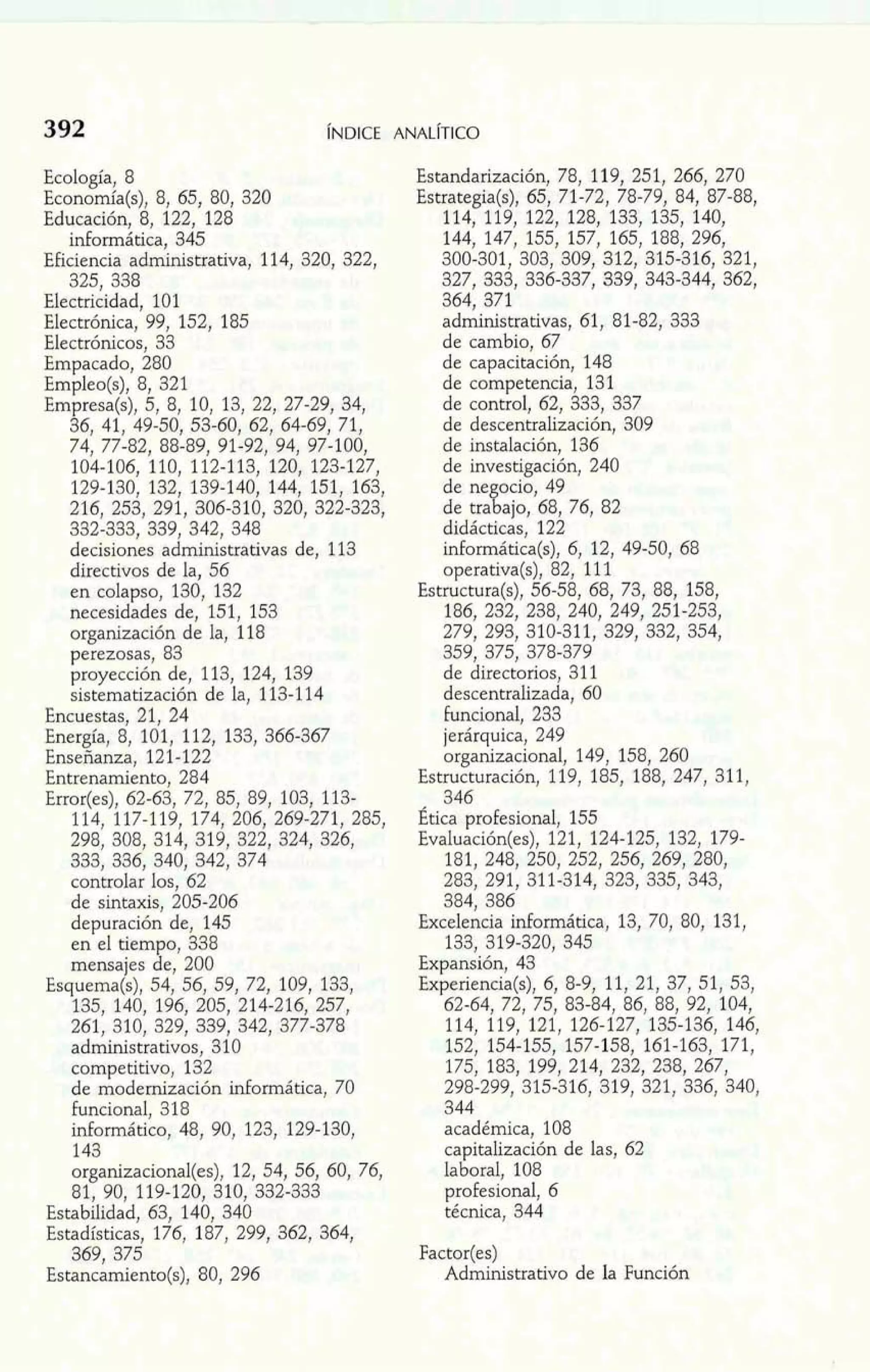 Ecología, 8 
Economía(s), 8, 65, 80, 320 
Educación, 8, 122, 128 
informática, 345 
Eficiencia administrativa, 114, 320, 322, 
325, 338 
Electricidad, 101 
Electrónica, 99, 152, 185 
Electrónicos, 33 
Empacado, 280 
Empleo(s), 8, 321 
Empresa(s), 5, 8, 10, 13, 22, 27-29, 34, 
36, 41, 49-50, 53-60, 62, 64-69, 71, 
74, 77-82, 88-89, 91-92, 94, 97-100, 
104-106, 110, 112-113, 120, 123-127, 
129-130, 132, 139-140, 144, 151, 163, 
216, 253, 291, 306-310, 320, 322-323, 
332-333, 339, 342, 348 
decisiones administrativas de, 113 
directivos de la, 56 
en colapso, 130, 132 
necesidades de, 151, 153 
organización de la, 118 
perezosas, 83 
proyección de, 113, 124, 139 
sistematización de la, 113-1 14 
Encuestas, 21, 24 
Energía, 8, 101, 112, 133, 366-367 
Enseñanza, 121-122 
Entrenamiento, 284 
Error(es), 62-63, 72, 85, 89, 103, 113- 
114, 117-1 19, 174, 206, 269-271, 285, 
298, 308, 314, 319, 322, 324, 326, 
333, 336, 340, 342, 374 
controlar los, 62 
de sintaxis, 205-206 
depuración de, 145 
en el tiempo, 338 
mensajes de, 200 
Esquema(s), 54, 56, 59, 72, 109, 133, 
135, 140, 196, 205, 214-216, 257, 
261, 310, 329, 339, 342, 377-378 
administrativos, 310 
competitivo, 132 
de modernización informática, 70 
funcional, 318 
informático, 48, 90, 123, 129-130, 
143 
organizacional(es), 12, 54, 56, 60, 76, 
81, 90, 119-120, 310, 332-333 
Estabilidad, 63, 140, 340 
Estadísticas, 176, 187, 299, 362, 364, 
369, 375 
Estancamiento(s), 80, 296 
Estandarización, 78, 11 9, 25 1, 266, 270 
Estrategia(s), 65, 71-72, 78-79, 84, 87-88, 
114, 119, 122, 128, 133, 135, 140, 
144, 147, 155, 157, 165, 188, 296, 
300-301, 303, 309, 312, 315-316, 321, 
327, 333, 336-337, 339, 343-344, 362, 
364, 371 
administrativas, 61, 81-82, 333 
de cambio, 67 
de capacitación, 148 
de competencia, 131 
de control, 62, 333, 337 
de descentralización, 309 
de instalación, 136 
de investigación, 240 
de negocio, 49 
de trabajo, 68, 76, 82 
didácticas, 122 
informática(s), 6, 12, 49-50, 68 
operativa(s), 82, 11 1 
Estructura(s), 56-58, 68, 73, 88, 158, 
186, 232, 238, 240, 249, 251-253, 
279, 293, 310-311, 329, 332, 354, 
359, 375, 378-379 
de directorios, 311 
descentralizada, 60 
Funcional, 233 
jerárquica, 249 
organizacional, 149, 158, 260 
Estructuración, 119, 185, 188, 247, 311, 
346 
Ética profesional, 155 
Evaluación(es), 121, 124-125, 132, 179- 
181, 248, 250, 252, 256, 269, 280, 
283, 291, 311-314, 323, 335, 343, 
384, 386 
Excelencia informática, 13, 70, 80, 131, 
133, 319-320, 345 
Expansión, 43 
Experiencia(s), 6, 8-9, 11, 21, 37, 51, 53, 
62-64, 72, 75, 83-84, 86, 88, 92, 104, 
152; 154-155,' 157-158,' 161-163,' 171, 
175, 183, 199, 214, 232, 238, 267, 
298-299, 315-316, 319, 321, 336, 340, 
344 
académica, 108 
capitalización de las, 62 
laboral, 108 
profesional, 6 
técnica, 344 
Factor(es) 
Administrativo de la Función 
 