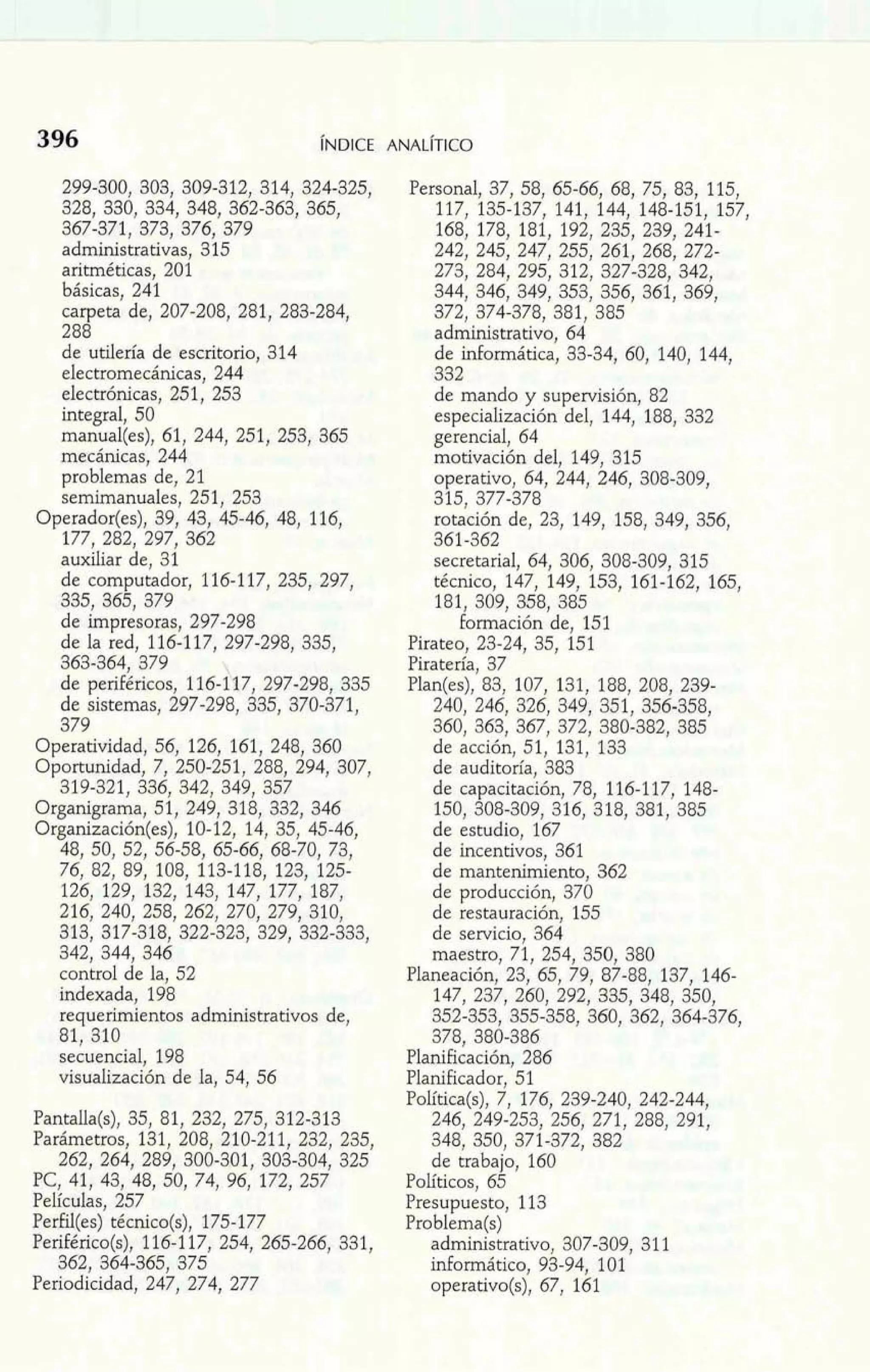 299-300, 303, 309-312, 314, 324-325, 
328, 330, 334, 348, 362-363, 365, 
367-371, 373, 376, 379 
administrativas, 315 
aritméticas, 201 
básicas, 241 
carpe& de, 207-208, 281, 283-284, 
288 
de utilería de escritorio, 314 
electromecánicas, 244 
electrónicas, 251, 253 
integral, 50 
manual(es), 61, 244, 251, 253, 365 
mecánicas, 244 
problemas de, 21 
semimanuales, 251, 253 
Operador(es), 39, 43, 45-46, 48, 116, 
177, 282, 297, 362 
auxiliar de, 31 
de computador, 116-1 17, 235, 297, 
335, 365, 379 
de impresoras, 297-298 
de la red, 116-117, 297-298, 335, 
363-364, 379 
de periféricos, 116-117, 297-298, 335 
de sistemas, 297-298, 335, 370-371, 
379 
Operatividad, 56, 126, 161, 248, 360 
Oportunidad, 7, 250-251, 288, 294, 307, 
319-321, 336, 342, 349, 357 
Organigrama, 51, 249, 318, 332, 346 
Organización(es), 10-12, 14, 35, 45-46, 
48, 50, 52, 56-58, 65-66, 68-70, 73, 
76, 82, 89, 108, 113-118, 123, 125- 
126, 129, 132, 143, 147, 177, 187, 
216, 240, 258, 262, 270, 279, 310, 
313, 317-318, 322-323, 329, 332-333, 
342, 344, 346 
control de la, 52 
indexada. 198 
requerimientos administrativos de, 
81. 310 ~ - 
sef&cial, 198 
visualización de la, 54, 56 
Pantalla(s), 35, 81, 232, 275, 312-313 
Parámetros, 131, 208, 210-211, 232, 235, 
262, 264, 289, 300-301, 303-304, 325 
PC, 41, 43, 48, 50, 74, 96, 172, 257 
Películas, 257 
Perfil(es) técnico(s), 175-177 
Periférico(s), 116-1 17, 254, 265-266, 331, 
362, 364-365, 375 
Periodicidad, 247, 274, 277 
Personal, 37, 58, 65-66, 68, 75, 83, 115, 
117, 135-137, 141, 144, 148-151, 157, 
168, 178, 181, 192, 235, 239, 241- 
242, 245, 247, 255, 261, 268, 272- 
273, 284, 295, 312, 327-328, 342, 
344, 346, 349, 353, 356, 361, 369, 
372, 374-378, 381, 385 
administrativo, 64 
de informática, 33-34, 60, 140, 144, 
332 
de mando y supe~isión8, 2 
especialización del, 144, 188, 332 
gerencial, 64 
motivación del, 149, 315 
operativo, 64, 244, 246, 308-309, 
315, 377-378 
rotación de, 23, 149, 158, 349, 356, 
361-362 
secretarial, 64, 306, 308-309, 315 
técnico, 147, 149, 153, 161-162, 165. 
181, 309, 358, 385 
formación de, 151 
Pirateo, 23-24, 35, 151 
Piratería, 37 
Plan(es), 83, 107, 131, 188, 208, 239- 
240, 246, 326, 349, 351, 356-358, 
360, 363, 367, 372, 380-382, 385 
de acción, 51, 131, 133 
de auditoría, 383 
de capacitación, 78, 116-1 17, 148- 
150, 308-309, 316, 318, 381, 385 
de estudio, 167 
de incentivos, 361 
de mantenimiento, 362 
de producción, 370 
de restauración, 155 
de servicio, 364 
maestro, 71, 254, 350, 380 
Planeación, 23, 65, 79, 87-88, 137, 146- 
147, 237, 260, 292, 335, 348, 350, 
352-353, 355-358, 360, 362, 364-376, 
378, 380-386 
Planificación, 286 
Planificador, 51 
Política(s), 7, 176, 239-240, 242-244, 
246, 249-253, 256, 271, 288, 291, 
348, 350, 371-372, 382 
de trabajo, 160 
Políticos, 65 
Presupuesto, 113 
Problema(s) 
administrativo, 307-309, 311 
informático, 93-94, 101 
operativo(s), 67, 161 
 