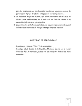 128
para los empleados que en el pasado, puesto que un mayor número de
personas en el grupo de edades está pasando por la organización.
2. La proporción mayor de mujeres, que están participando en la fuerza de
trabajo, crea oportunidades en la selección del personal, debido a la
expansión de la oferta de mano de obra.
3. La participación en la fuerza de trabajo, no requiere necesariamente que el
individuo esté interesado en trabajar el tiempo completo estándar.
ACTIVIDAD DE APRENDIZAJE
Investigué el índice de PEA y PEI de su localidad.
Investigar ¿Qué Estado de la República Mexicana cuenta con el mayor
índice de PEI? Y mencione ¿cuáles son los principales motivos de dicho
fenómeno?
 