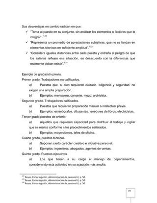 145
Sus desventajas en cambio radican en que:
 “Toma al puesto en su conjunto, sin analizar los elementos o factores que lo
integran”.172
 “Representa un promedio de apreciaciones subjetivas, que no se fundan en
elementos técnicos en suficiente amplitud”.173
 “Considera iguales distancias entre cada puesto y entraña el peligro de que
los salarios reflejen esa situación, en desacuerdo con la diferencias que
realmente deban existir”.174
Ejemplo de gradación previa.
Primer grado. Trabajadores no calificados.
a) Puestos que, si bien requieren cuidado, diligencia y seguridad, no
exigen una amplia preparación.
b) Ejemplos: mensajero, conserje, mozo, archivista.
Segundo grado. Trabajadores calificados.
a) Puestos que requieren preparación manual o intelectual previa.
b) Ejemplos: estenógrafos, dibujantes, tenedores de libros, electricistas.
Tercer grado puestos de criterio.
a) Aquellos que requieren capacidad para distribuir el trabajo y vigilar
que se realice conforme a los procedimientos señalados.
b) Ejemplos: mayordomos, jefes de oficina.
Cuarto grado, puestos técnicos.
a) Suponen cierto carácter creativo e iniciativa personal.
b) Ejemplos: ingenieros, abogados, agentes de ventas.
Quinto grado. Puestos ejecutivos
a) Los que tienen a su cargo el manejo de departamentos,
considerando esta actividad en su acepción más amplia.
172
Reyes, Ponce Agustín, Administración de personal II, p. 50.
173
Reyes, Ponce Agustín, Administración de personal II, p. 50.
174
Reyes, Ponce Agustín, Administración de personal II, p. 50.
 