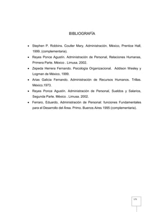 175
BIBLIOGRAFÍA
 Stephen P. Robbins. Coutler Mary. Administración. México, Prentice Hall,
1999. (complementaria).
 Reyes Ponce Agustín. Administración de Personal, Relaciones Humanas,
Primera Parte. México . Limusa. 2002.
 Zepeda Herrera Fernando. Psicología Organizacional. Addison Wesley y
Logman de México, 1999.
 Arias Galicia Fernando. Administración de Recursos Humanos. Trillas.
México.1973.
 Reyes Ponce Agustín. Administración de Personal, Sueldos y Salarios,
Segunda Parte. México . Limusa. 2002.
 Ferraro, Eduardo, Administración de Personal: funciones Fundamentales
para el Desarrollo del Área. Primo. Buenos Aires 1995 (complementaria).
 