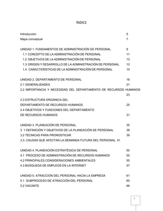 2
ÍNDICE
Introducción 5
Mapa conceptual 7
UNIDAD 1. FUNDAMENTOS DE ADMINISTRACIÓN DE PERSONAL 8
1.1 CONCEPTO DE LA ADMINISTRACIÓN DE PERSONAL 11
1.2 OBJETIVOS DE LA ADMINISTRACIÓN DE PERSONAL 13
1.3 ORIGEN Y DESARROLLO DE LA ADMINISTRACIÓN DE PERSONAL 13
1.4 CARACTERÍSTICAS DE LA ADMINISTRACIÓN DE PERSONAL 15
UNIDAD 2. DEPARTAMENTO DE PERSONAL 18
2.1 GENERALIDADES 21
2.2 IMPORTANCIA Y NECESIDAD DEL DEPARTAMENTO DE RECURSOS HUMANOS
23
2.3 ESTRUCTURA ORGÁNICA DEL
DEPARTAMENTO DE RECURSOS HUMANOS 25
2.4 OBJETIVOS Y FUNCIONES DEL DEPARTAMENTO
DE RECURSOS HUMANOS 31
UNIDAD 3. PLANEACIÓN DE PERSONAL 35
3. 1 DEFINICIÓN Y OBJETIVOS DE LA PLANEACIÓN DE PERSONAL 38
3.2 TÉCNICAS PARA PRONOSTICAR 39
3.3. CAUSAS QUE AFECTAN LA DEMANDA FUTURA DEL PERSONAL 41
UNIDAD 4. PLANEACIÓN ESTRATÉGICA DE PERSONAL 50
4.1 PROCESO DE ADMINISTRACIÓN DE RECURSOS HUMANOS 55
4.2 PRINCIPALES CONSIDERACIONES AMBIENTALES 55
4.3 BÚSQUEDA DE EMPLEOS EN LA INTERNET 57
UNIDAD 5. ATRACCIÓN DEL PERSONAL HACIA LA EMPRESA 61
5.1 SUBPROCESO DE ATRACCIÓN DEL PERSONAL 65
5.2 VACANTE 66
 