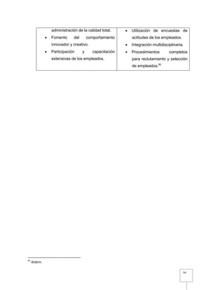 54
administración de la calidad total.
 Fomento del comportamiento
innovador y creativo.
 Participación y capacitación
extensivas de los empleados.
 Utilización de encuestas de
actitudes de los empleados.
 Integración multidisciplinaria.
 Procedimientos completos
para reclutamiento y selección
de empleados.82
82
Ibidem.
 