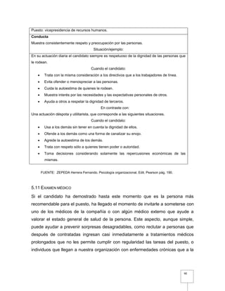 90
5.11 EXAMEN MÉDICO
Si el candidato ha demostrado hasta este momento que es la persona más
recomendable para el puesto, ha llegado el momento de invitarle a someterse con
uno de los médicos de la compañía o con algún médico externo que ayude a
valorar el estado general de salud de la persona. Este aspecto, aunque simple,
puede ayudar a prevenir sorpresas desagradables, como reclutar a personas que
después de contratadas ingresan casi inmediatamente a tratamientos médicos
prolongados que no les permite cumplir con regularidad las tareas del puesto, o
individuos que llegan a nuestra organización con enfermedades crónicas que a la
Puesto: vicepresidencia de recursos humanos.
Conducta
Muestra consistentemente respeto y preocupación por las personas.
Situación/ejemplo:
En su actuación diaria el candidato siempre es respetuoso de la dignidad de las personas que
le rodean.
Cuando el candidato:
 Trata con la misma consideración a los directivos que a los trabajadores de línea.
 Evita ofender o menospreciar a las personas.
 Cuida la autoestima de quienes le rodean.
 Muestra interés por las necesidades y las expectativas personales de otros.
 Ayuda a otros a respetar la dignidad de terceros.
En contraste con:
Una actuación déspota y utilitarista, que corresponde a las siguientes situaciones.
Cuando el candidato:
 Usa a los demás sin tener en cuenta la dignidad de ellos.
 Ofende a los demás como una forma de canalizar su enojo.
 Agrede la autoestima de los demás.
 Trata con respeto sólo a quienes tienen poder o autoridad.
 Toma decisiones considerando solamente las repercusiones económicas de las
mismas.
FUENTE: ZEPEDA Herrera Fernando. Psicología organizacional. Edit. Pearson pág. 190.
 