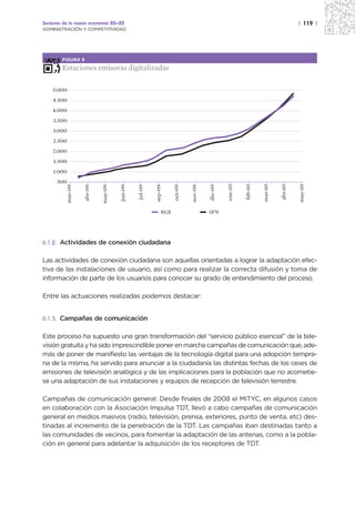 Sectores de la nueva economía 20+20                                                                                                | 119 |
ADMINISTRACIÓN Y COMPETITIVIDAD




        FIGURA 9

        Estaciones emisoras digitalizadas

    5.000
    4.500
    4.000
    3.500
    3.000
    2.500
    2.000
    1.500
    1.000
      500




                                                                                               ene-10


                                                                                                        feb-10


                                                                                                                 mar-10


                                                                                                                          abr-10
                                                         sep-09




                                                                                                                                   may-10
                     abr-09


                              may-09


                                       jun-09


                                                jul-09




                                                                    oct-09


                                                                             nov-09


                                                                                      dic-09
            mar-09




                                                              RGE                     SFN




6.1.2. Actividades de conexión ciudadana


Las actividades de conexión ciudadana son aquellas orientadas a lograr la adaptación efec-
tiva de las instalaciones de usuario, así como para realizar la correcta difusión y toma de
información de parte de los usuarios para conocer su grado de entendimiento del proceso.

Entre las actuaciones realizadas podemos destacar:


6.1.3. Campañas de comunicación


Este proceso ha supuesto una gran transformación del “servicio público esencial” de la tele-
visión gratuita y ha sido imprescindible poner en marcha campañas de comunicación que, ade-
más de poner de manifiesto las ventajas de la tecnología digital para una adopción tempra-
na de la misma, ha servido para anunciar a la ciudadanía las distintas fechas de los ceses de
emisiones de televisión analógica y de las implicaciones para la población que no acometie-
se una adaptación de sus instalaciones y equipos de recepción de televisión terrestre.

Campañas de comunicación general: Desde finales de 2008 el MITYC, en algunos casos
en colaboración con la Asociación Impulsa TDT, llevó a cabo campañas de comunicación
general en medios masivos (radio, televisión, prensa, exteriores, punto de venta, etc) des-
tinadas al incremento de la penetración de la TDT. Las campañas iban destinadas tanto a
las comunidades de vecinos, para fomentar la adaptación de las antenas, como a la pobla-
ción en general para adelantar la adquisición de los receptores de TDT.
 