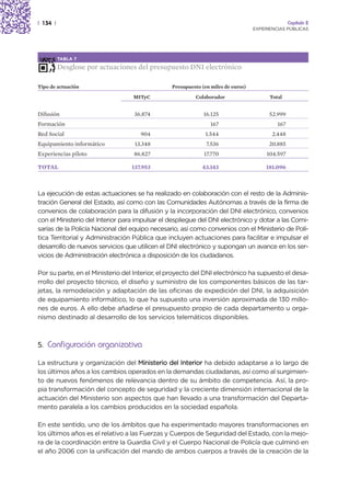 | 134 |                                                                                          Capítulo 2
                                                                                  EXPERIENCIAS PÚBLICAS




          TABLA 7

          Desglose por actuaciones del presupuesto DNI electrónico

Tipo de actuación                               Presupuesto (en miles de euros)

                                  MITyC                  Colaborador                    Total


Difusión                          36.874                     16.125                     52.999
Formación                                                       167                        167
Red Social                           904                      1.544                      2.448
Equipamiento informático           13.348                     7.536                     20.885
Experiencias piloto               86.827                     17.770                    104.597

TOTAL                             137.953                   43.143                     181.096



La ejecución de estas actuaciones se ha realizado en colaboración con el resto de la Adminis-
tración General del Estado, así como con las Comunidades Autónomas a través de la firma de
convenios de colaboración para la difusión y la incorporación del DNI electrónico, convenios
con el Ministerio del Interior para impulsar el despliegue del DNI electrónico y dotar a las Comi-
sarías de la Policía Nacional del equipo necesario, así como convenios con el Ministerio de Polí-
tica Territorial y Administración Pública que incluyen actuaciones para facilitar e impulsar el
desarrollo de nuevos servicios que utilicen el DNI electrónico y supongan un avance en los ser-
vicios de Administración electrónica a disposición de los ciudadanos.

Por su parte, en el Ministerio del Interior, el proyecto del DNI electrónico ha supuesto el desa-
rrollo del proyecto técnico, el diseño y suministro de los componentes básicos de las tar-
jetas, la remodelación y adaptación de las oficinas de expedición del DNI, la adquisición
de equipamiento informático, lo que ha supuesto una inversión aproximada de 130 millo-
nes de euros. A ello debe añadirse el presupuesto propio de cada departamento u orga-
nismo destinado al desarrollo de los servicios telemáticos disponibles.



5. Configuración organizativa

La estructura y organización del Ministerio del Interior ha debido adaptarse a lo largo de
los últimos años a los cambios operados en la demandas ciudadanas, así como al surgimien-
to de nuevos fenómenos de relevancia dentro de su ámbito de competencia. Así, la pro-
pia transformación del concepto de seguridad y la creciente dimensión internacional de la
actuación del Ministerio son aspectos que han llevado a una transformación del Departa-
mento paralela a los cambios producidos en la sociedad española.

En este sentido, uno de los ámbitos que ha experimentado mayores transformaciones en
los últimos años es el relativo a las Fuerzas y Cuerpos de Seguridad del Estado, con la mejo-
ra de la coordinación entre la Guardia Civil y el Cuerpo Nacional de Policía que culminó en
el año 2006 con la unificación del mando de ambos cuerpos a través de la creación de la
 