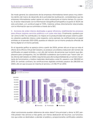 Sectores de la nueva economía 20+20                                                                                                         | 155 |
ADMINISTRACIÓN Y COMPETITIVIDAD




De modo general, los subsectores de las empresas infomediarias tienen pesos muy distin-
tos dentro del marco de desarrollo de la actividad de reutilización, constatándose que las
empresas infomediarias suelen operar en varios subsectores al mismo tiempo. En concre-
to, el sector relacionado con la Información Geográfica/Cartográfica ocuparía el 30,5% de
esta actividad, y el Jurídico/Legal el 17,0%, materias ambas directamente relacionadas
con la información que se suministra a través de la SEC.

C. Acciones de orden interno destinadas a ganar eficiencia, redefiniendo los procesos
para ofrecer mejores servicios públicos a un coste más bajo. Finalmente, quedaría por
ver cómo la SEC ha contribuido a la mejora en la productividad del propio sistema públi-
co catastral, pudiendo citarse a este respecto, como ejemplo, las certificaciones en papel
emitidas en el periodo 2001-2010, puestas en relación con el mismo producto ofrecido de
forma digital en el mismo periodo.

En el siguiente gráfico se aprecia cómo a partir de 2004, primer año en el que se nota el
efecto de la Oficina Virtual del Catastro, se produce una drástica reducción del número de
certificados en papel emitidos, y con ello del número de personas que tuvieron que des-
plazarse para conseguirlos. Así, los 928.000 ciudadanos que tuvieron que “hacer cola” en
las oficinas del Catastro en 2004, requiriendo para ello la disponibilidad de un número impor-
tante de funcionarios y medios materiales destinados a este fin, pasaron a ser 180.000 en
2010. En sentido contrario, las certificaciones digitales emitidas pasaron de 296.000 en
2004, año en que se puso en marcha el servicio, a 4.736.771 en 2010.


        FIGURA 16

        Certificaciones

   100.000
    90.000                                                 OVC                               OVC
                                                        1.334.251                          4.127.537
    80.000
                                                                       OVC                                       OVC
    70.000                                                                                                    4.466.075
                                                                    2.324.476
    60.000                                                                                                                         OVC
                                                                                 OVC                                             4.736.771
    50.000                                                                     3.569.671
                                                                                            262.844
                                                                                            262.990



                                                                                                               218.946
                                                                                                               219.555




    40.000
                                                                                                                                  218.946
                                                                                                                                  181.531




    30.000
              886.824



                        872.494
              889.606




                                              925.887
                        873.332




                                              928.150
                                  913.144




                                                                     522.212




                                                                                361.933
                                                                     522.913
                                                         711.964




                                                                                361.621
                                  911.713




                                                         714.171




    20.000
                        8.252



                                  6.821
              9.090




                                                                                                                                            2.494
                                              4.558




                                                                     1.650



                                                                                1.338
                                                         2.351




                                                                                                                         1.801
                                                                                                      1.192




    10.000
          0
               2001     2002          2003     2004       2005       2006        2007        2008                2009               2010
                                             Entradas        Tramitadas            Pendientes




¿Qué conclusiones pueden obtenerse de estos datos? Una principal y obvia: la SEC per-
mite prestar más servicio a más gente, con menos dedicación de recursos. Los funciona-
rios que antes se destinaban a atender al público y proporcionarles certificados catastra-
 
