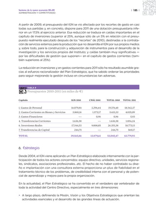 Sectores de la nueva economía 20+20                                                      | 185 |
ADMINISTRACIÓN Y COMPETITIVIDAD




A partir de 2009, el presupuesto del IGN se vio afectado por los recortes de gasto en casi
todas sus partidas y, en concreto, dispone para 2011 de una dotación presupuestaria infe-
rior en un 17,5% al ejercicio anterior. Esa reducción se traduce en caídas importantes en el
capítulo de inversiones (superior al 25%, aunque sólo de un 5% en relación con el presu-
puesto realmente ejecutado después de los “recortes” de 2010), destinadas a la contrata-
ción de servicios externos para la producción que no desarrolla el IGN por sus propios medios
y, sobre todo, para la construcción y adquisición de instrumentos para el desarrollo de la
investigación y los servicios propios del Instituto; y caídas también muy significativas —
por las dificultades de gestión que suponen— en el capítulo de gastos corrientes (tam-
bién superiores al 25%).

La reducción en inversiones y en gastos corrientes para 2011 sólo ha resultado asumible gra-
cias al esfuerzo racionalizador del Plan Estratégico, que ha sabido ordenar las prioridades
para seguir mejorando la gestión incluso en circunstancias tan adversas.



        TABLA 9

        Presupuestos 2010-2011 (en miles de €)

Capítulo                                     IGN 2010    CNIG 2010    TOTAL 2010   TOTAL 2011


1. Gastos de Personal                        16.079,84    3.296,64     19.376,48    18.542,37
2. Gastos Corrientes en Bienes y Servicios    3.860,16     1.573,17     5.433,33    4.035,09
3. Gastos Financieros                              ---        0,96         0,96          5,93
4. Transferencias Corrientes                  1.636,58          ---     1.636,58     1.854,24
6. Inversiones Reales                        17.344,53    9.008,85    26.353,38     18.773,13
7. Transferencias de Capital                   244,75           ---      244,75        569,17

TOTAL                                        39.165,86    13.879,61   53.045,47    43.779,93



6. Estrategia

Desde 2004, el IGN viene aplicando un Plan Estratégico elaborado internamente con la par-
ticipación de todos los actores concernidos: equipo directivo, unidades, servicios regiona-
les, sindicatos, asociaciones profesionales…etc. El hecho de no haber contratado su dise-
ño e implantación con una consultora externa proporciona un plus de fiabilidad en el
tratamiento técnico de los problemas, de credibilidad interna con el personal y de poten-
cial de aprendizaje y mejora para la propia organización.

En la actualidad, el Plan Estratégico se ha convertido en el verdadero eje vertebrador de
toda la actividad del Centro Directivo, especialmente en tres dimensiones:

• A largo plazo, definiendo la Misión, Visión y los Objetivos Estratégicos que orientan las
  actividades esenciales y el desarrollo de las grandes líneas de actuación.
 