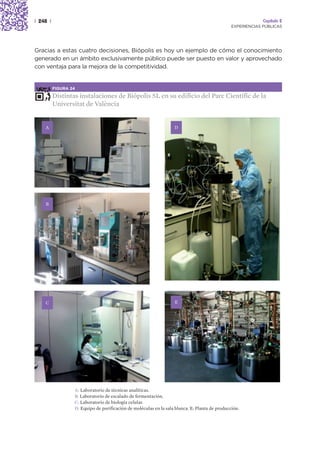 | 248 |                                                                                                      Capítulo 2
                                                                                                EXPERIENCIAS PÚBLICAS




Gracias a estas cuatro decisiones, Biópolis es hoy un ejemplo de cómo el conocimiento
generado en un ámbito exclusivamente público puede ser puesto en valor y aprovechado
con ventaja para la mejora de la competitividad.


          FIGURA 24

          Distintas instalaciones de Biópolis SL en su edificio del Parc Científic de la
          Universitat de València


    A                                                              D




    B




    C                                                              E




                  A: Laboratorio de técnicas analíticas.
                  B: Laboratorio de escalado de fermentación.
                  C: Laboratorio de biología celular.
                  D: Equipo de purificación de moléculas en la sala blanca. E: Planta de producción.
 